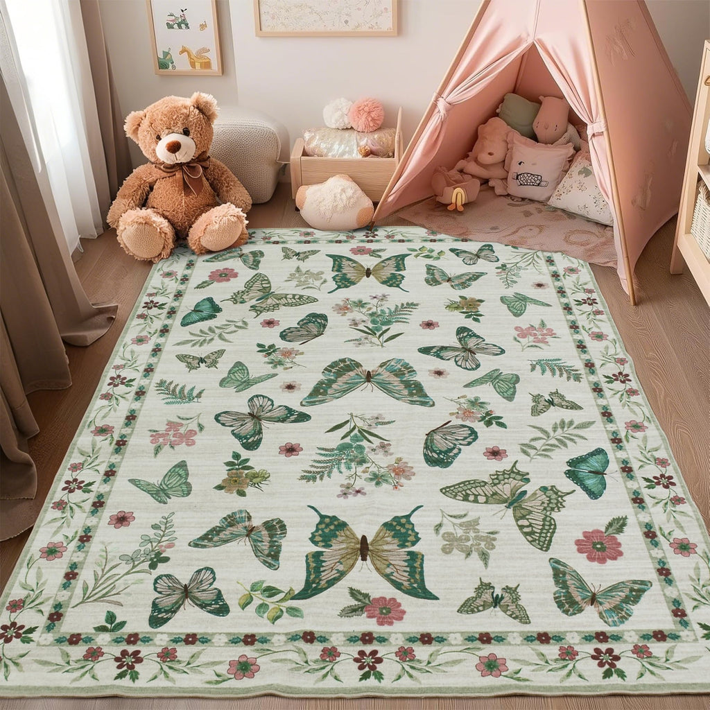 Insect Floral Area Rug, Machine Washable Area Rug Non-Slip Low Pile Large Bedroom Rug Stain Resistant Throw Rug Carpet