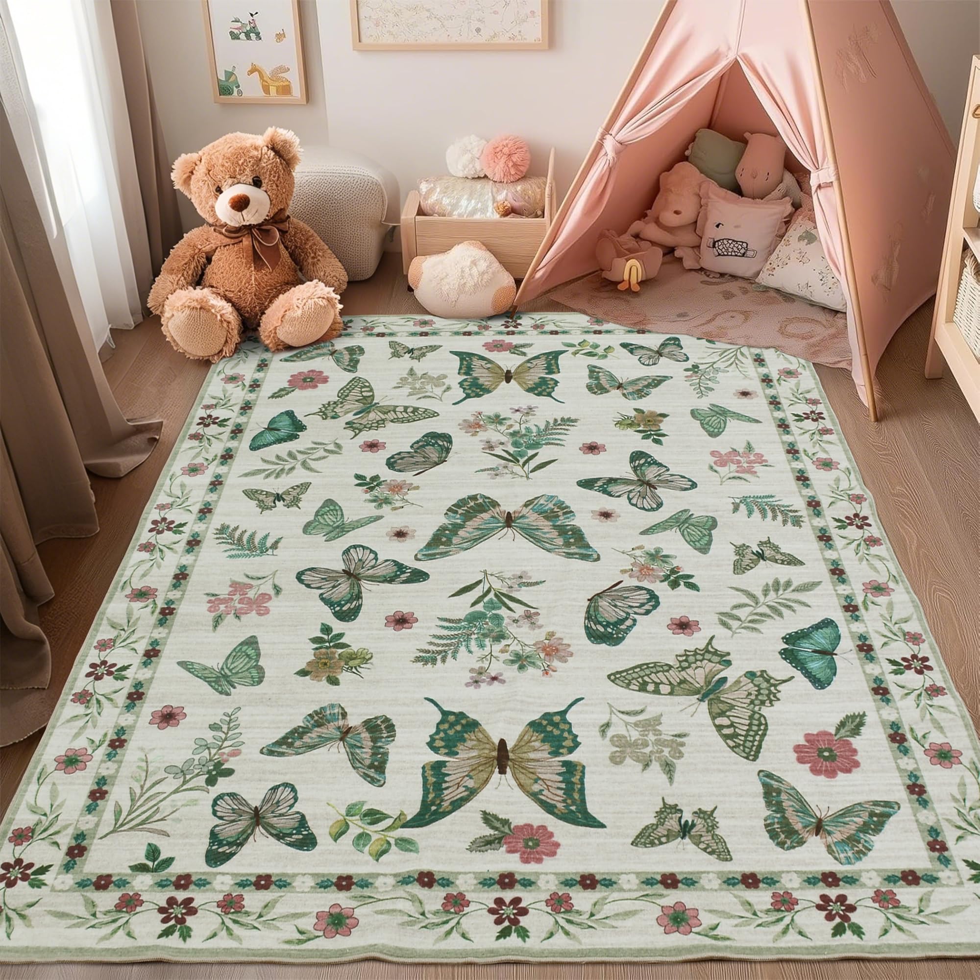 Insect Floral Area Rug, Machine Washable Area Rug Non-Slip Low Pile Large Bedroom Rug Stain Resistant Throw Rug Carpet