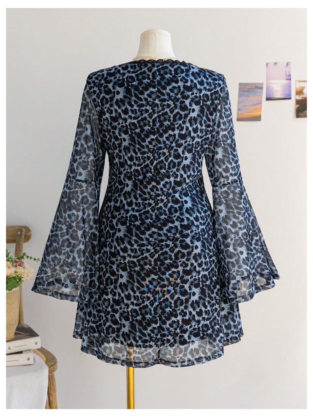 Women's Plus Size Lace Leopard Print Bell Sleeve Bow Front Dress Mini