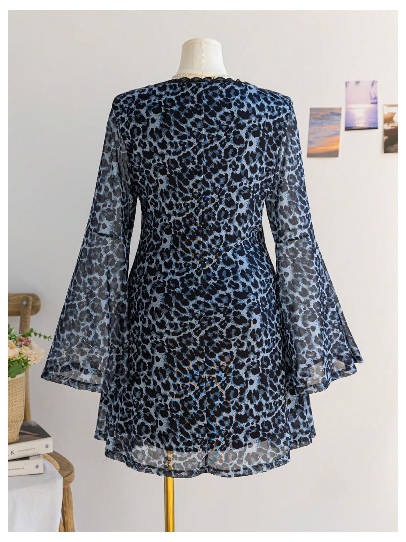 Women's Plus Size Lace Leopard Print Bell Sleeve Bow Front Dress Mini