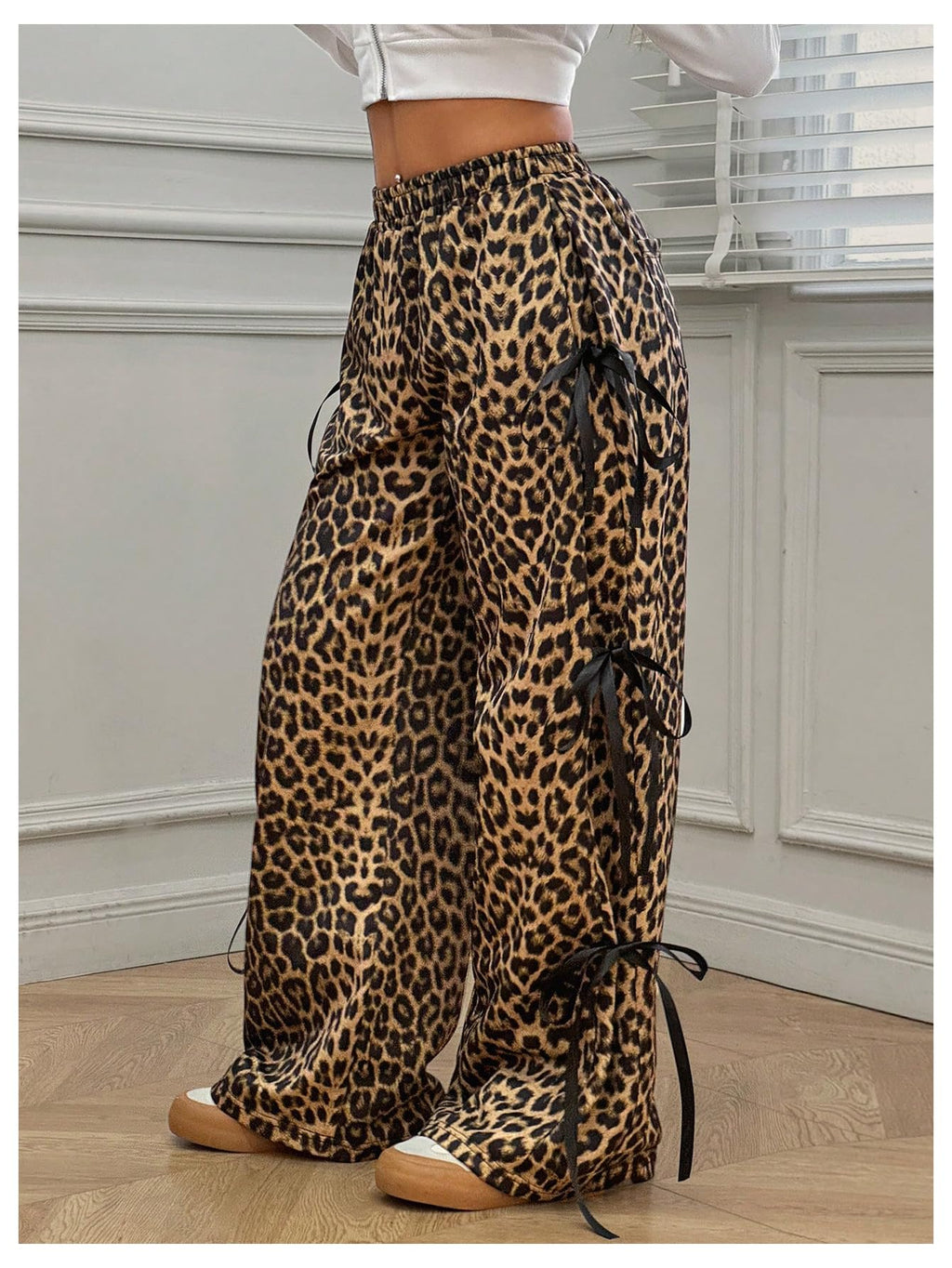 Women's Bow Wide Leg Sweatpants Elastic Waist Casual Baggy Pants with Pocket