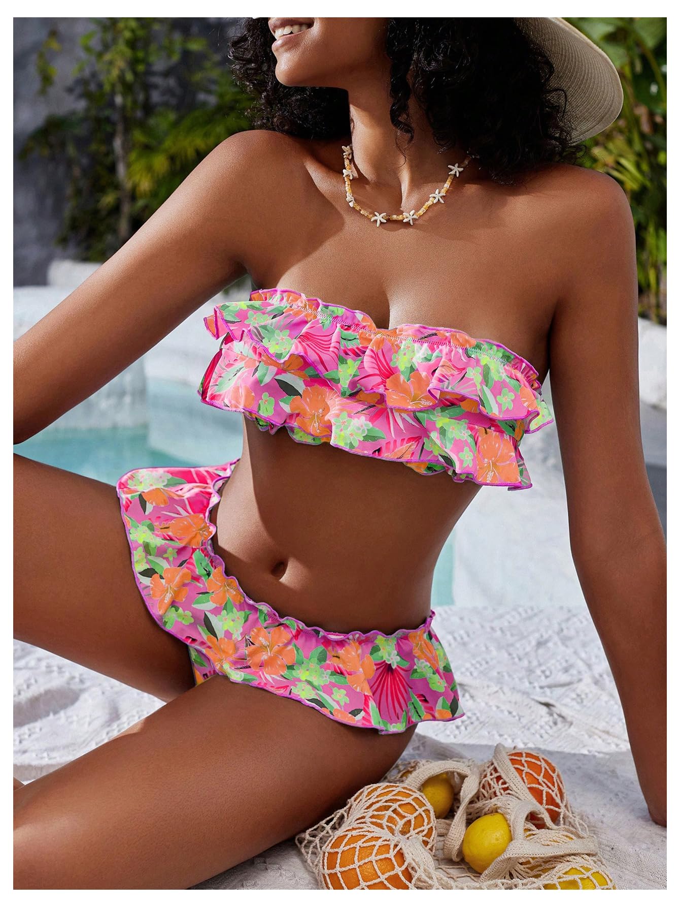Women's Floral Bikini Bandeau Swimsuit Ruffle Tiered Strapless Bathing Suit