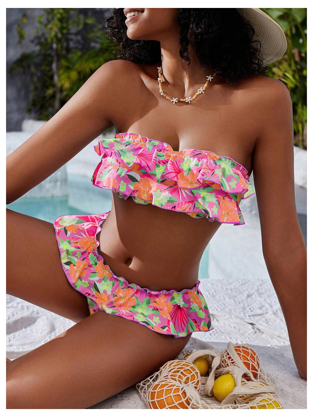 Women's Floral Bikini Bandeau Swimsuit Ruffle Tiered Strapless Bathing Suit