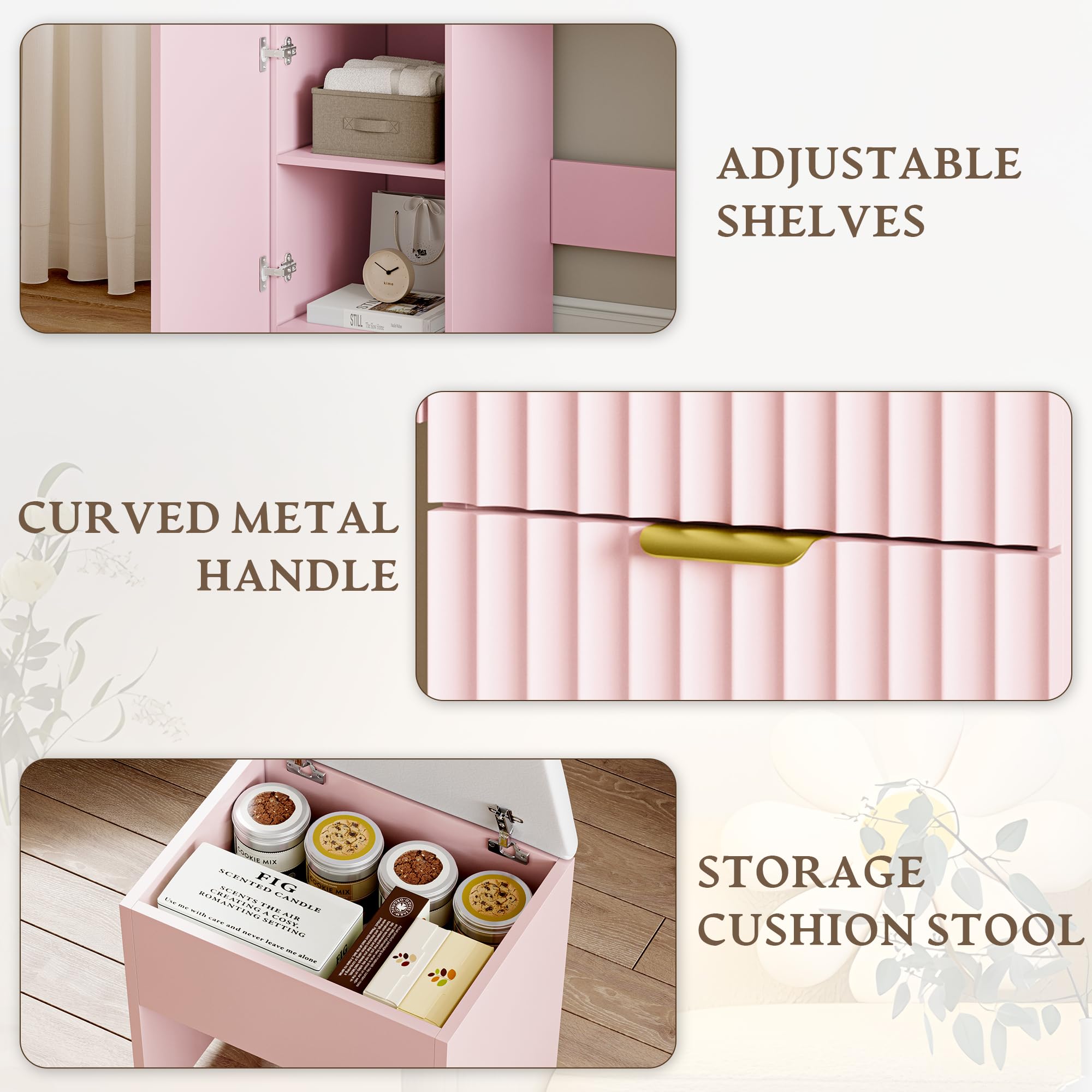 Makeup Vanity Desk with Mirror, Fluted Panel, Large LED Mirror, 3 Lighting Modes & Adjustable Brightness, Charging Station, Dressing Table with Stool