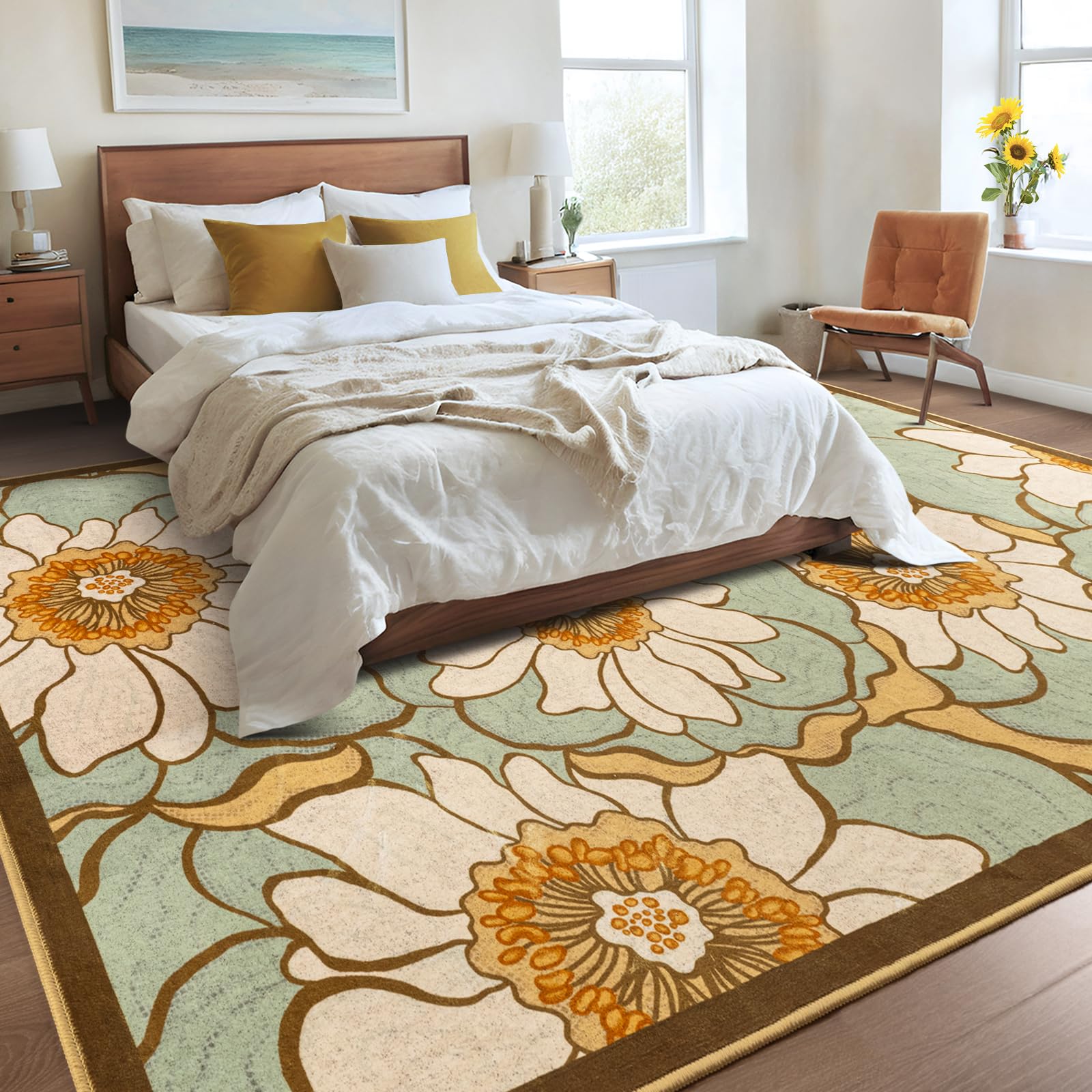 Faux Wool Boho Floral Area Rug Abstract Print Soft Carpet, TPR Non-Slip Backing, Machine Washable Low Pile Rug