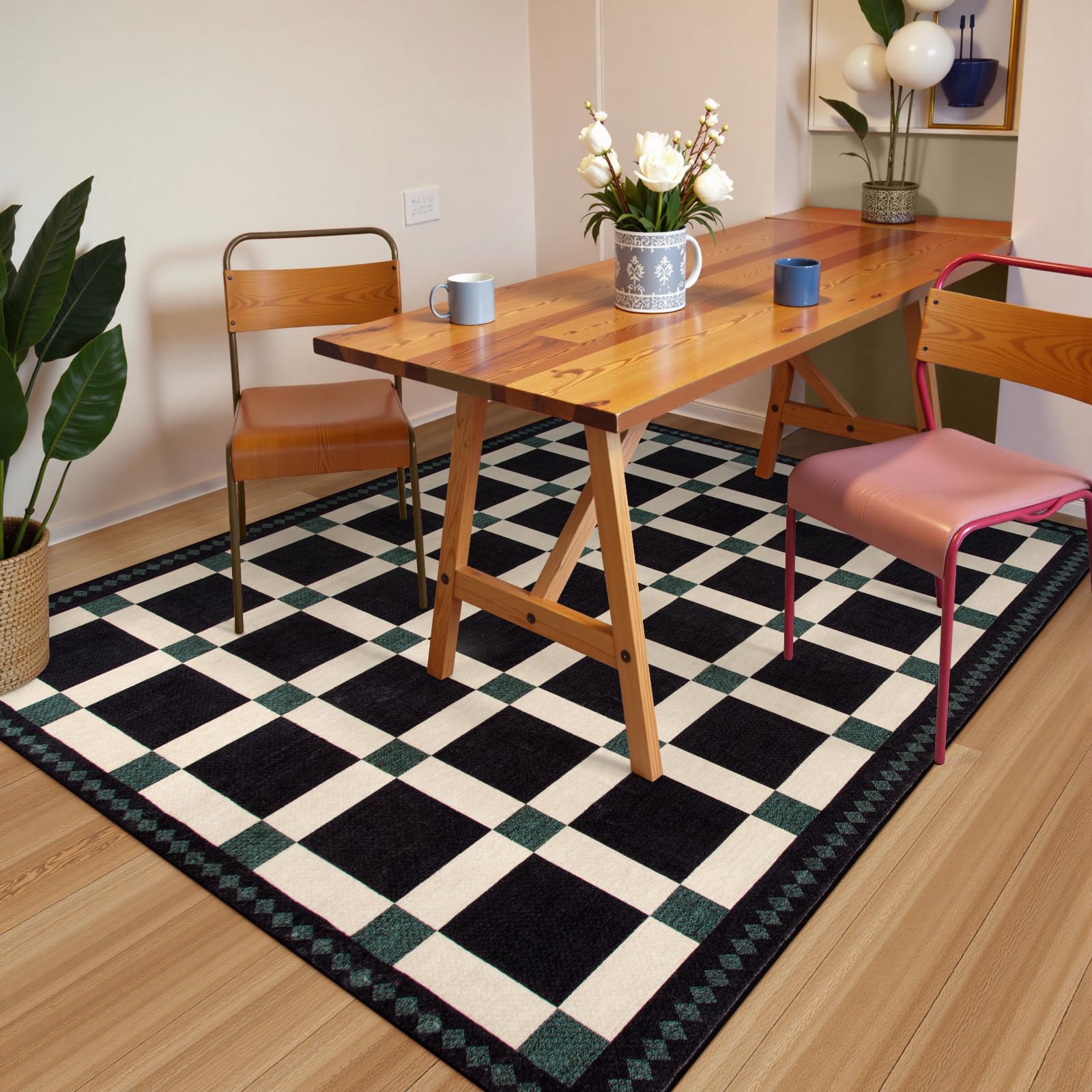 Checkered Rugs, Modern Washable Non Slip Low Pile Carpet