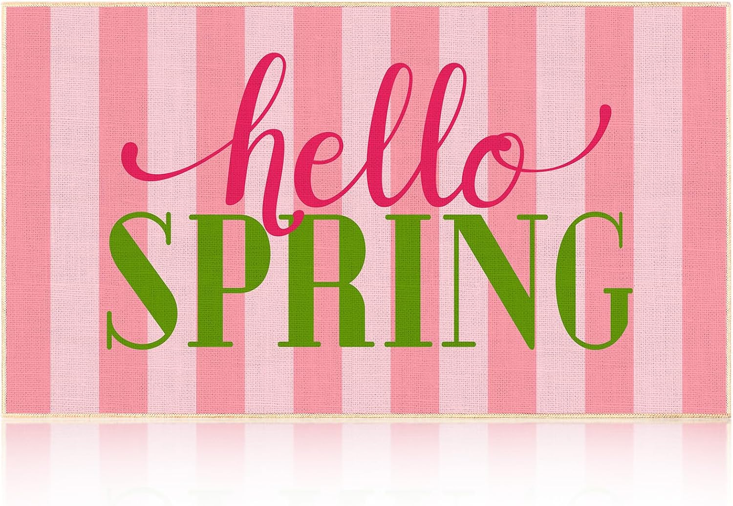 Hello Spring Door Mat for Front Door 30''x 17'' Pink Non Slip Decorative Floor Mats