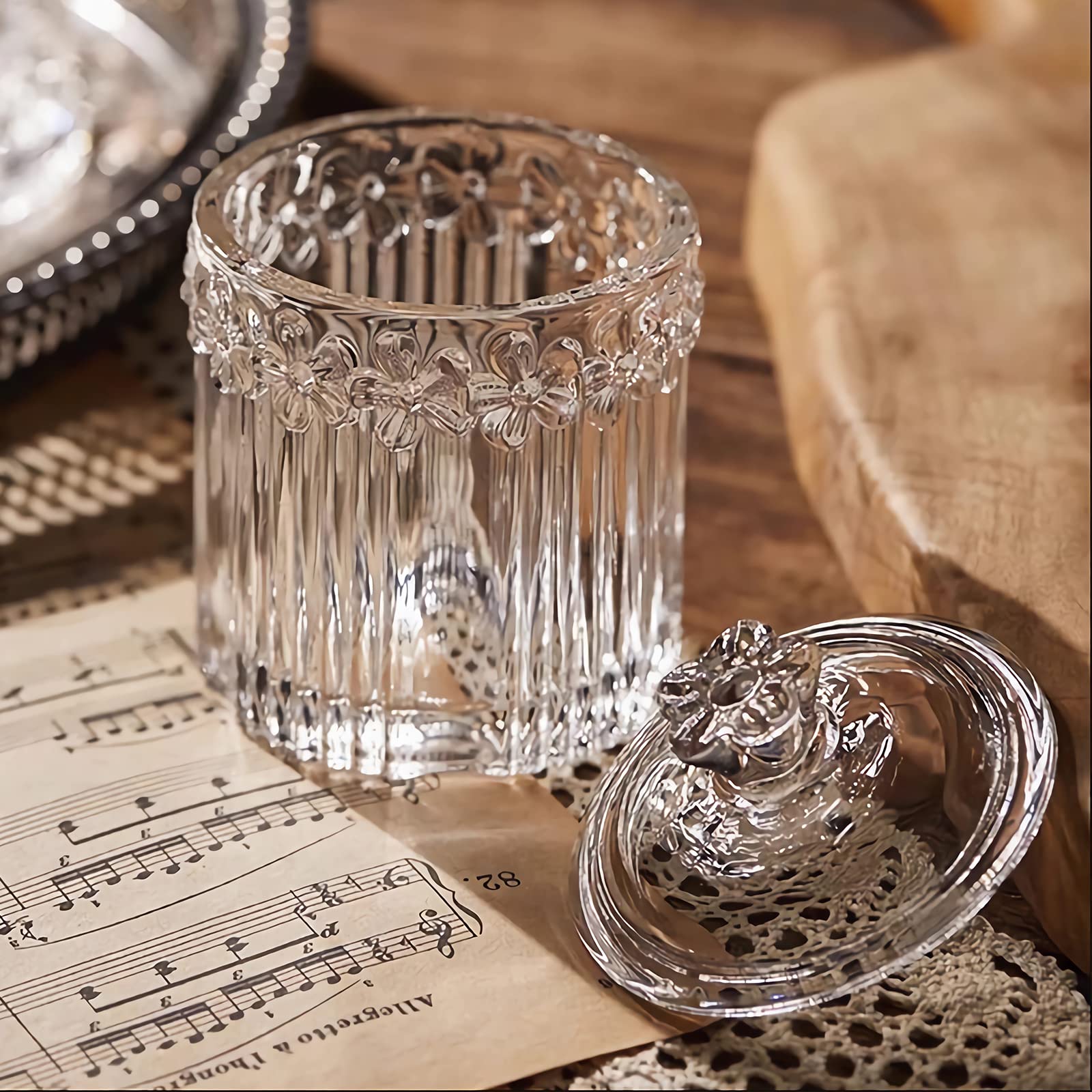 Qtip Holder Glass Apothecary Jars with Lids Set Bathroom Canisters Dispenser Organizers and Storage for Cotton Swabs, Balls, Pads, Floss Picks, Candy 2 Pack