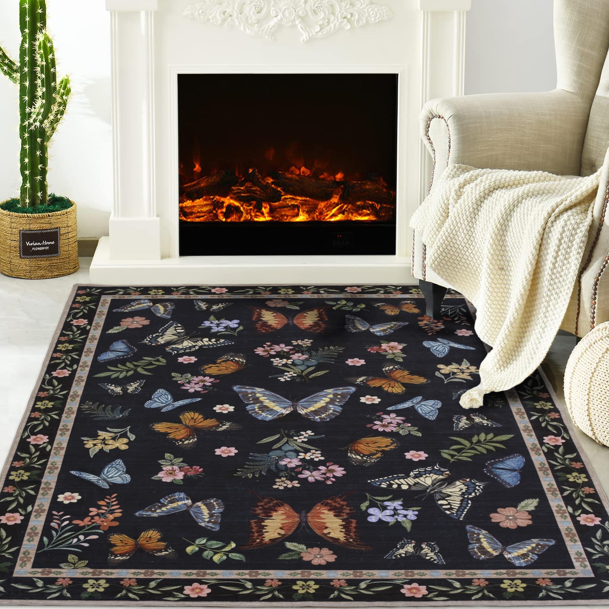 Insect Floral Area Rug, Machine Washable Area Rug Non-Slip Low Pile Large Bedroom Rug Stain Resistant Throw Rug Carpet
