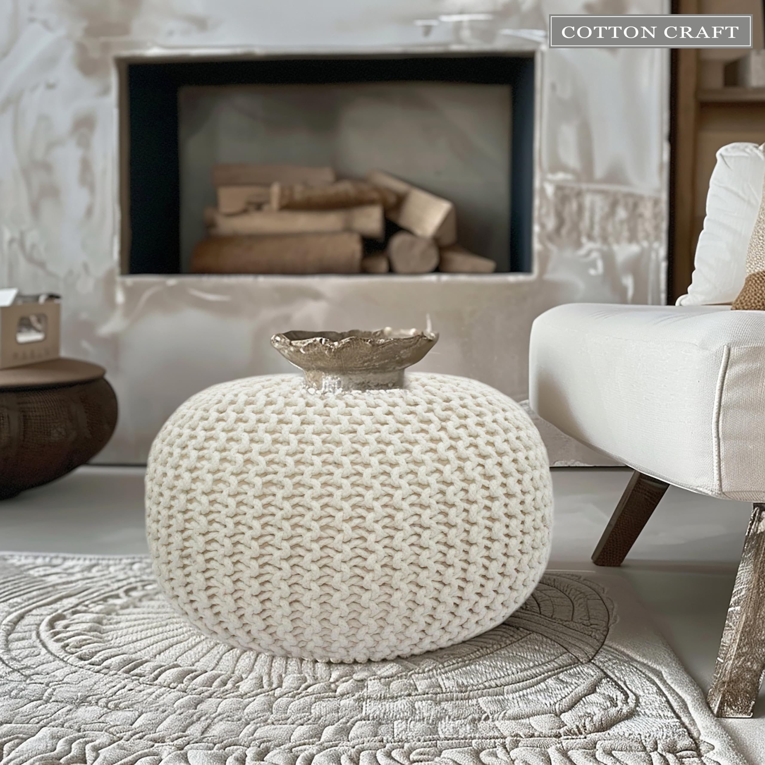 Hand-Knitted Cotton Round Pouf â€?Braid Cord Ottoman, Footrest, and Accent Seat for Living Room, Nursery, Kids Room, or Dorm Décor â€?20x14