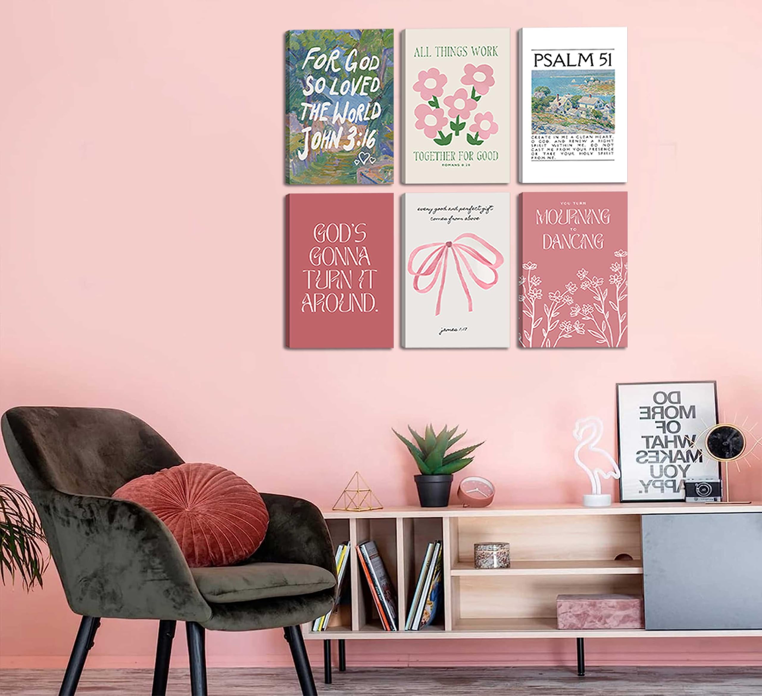 Wall Art Pink Bow Verse Canvas Paintings Decor 6Pcs