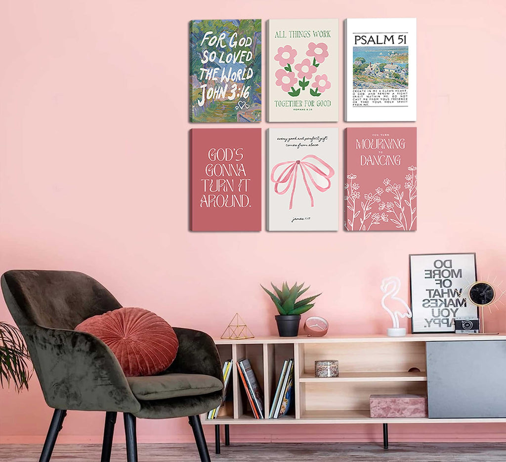 Wall Art Pink Bow Verse Canvas Paintings Decor 6Pcs