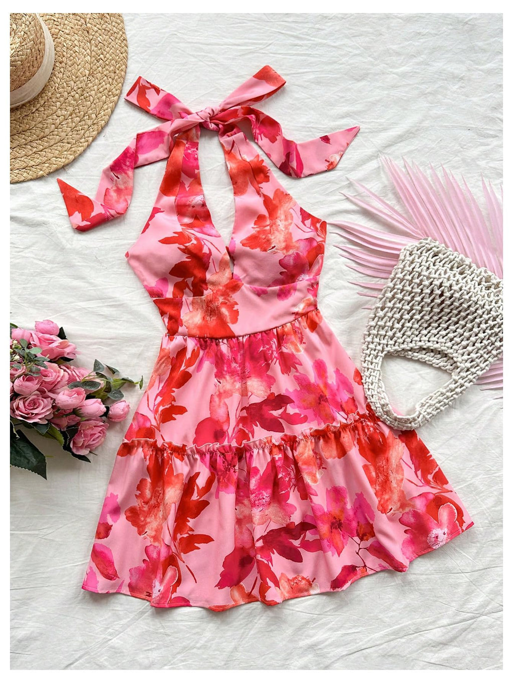 Women's Floral Print Sleeveless Halter Neck Layered Hem A Line Mini Dress