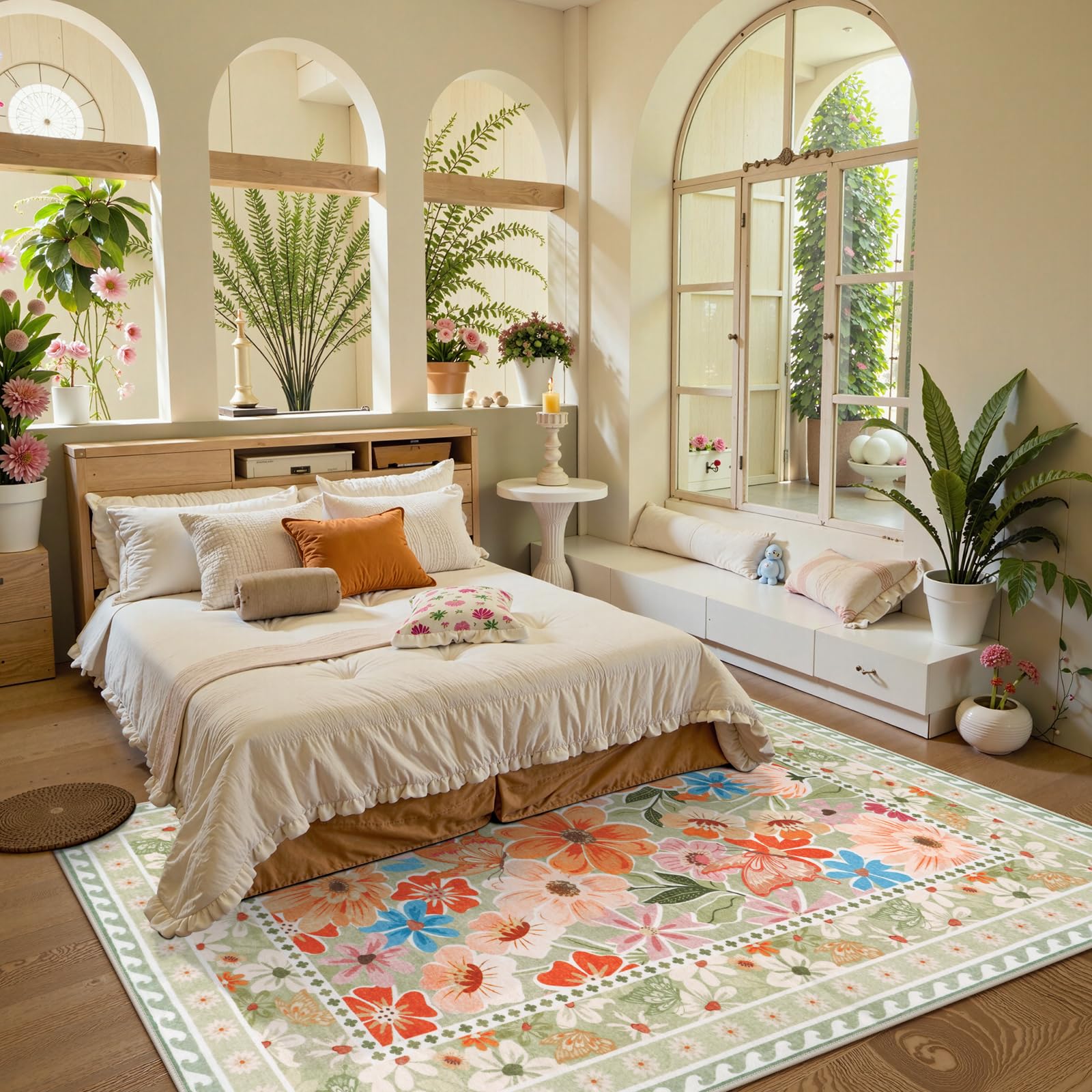 Floral Hallway Runner Rug, Runner Rugs Non Skid Washable, Low Pile Soft Boho Rugs