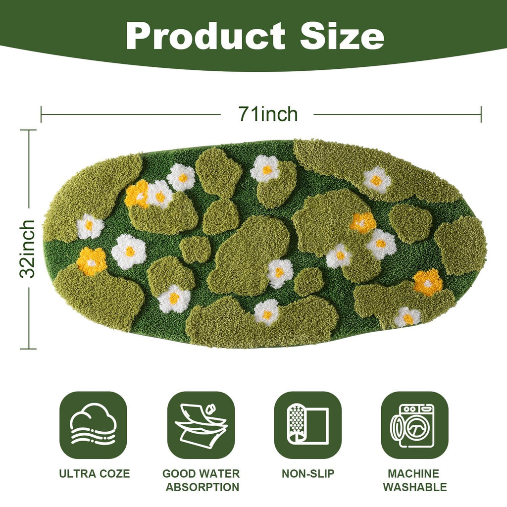 Green Moss Bathroom Rugs Bath Mat Non Slip, Ultra Soft Absorbent Aesthetic Decor Shaggy Tufted Flower Long Bath Rugs