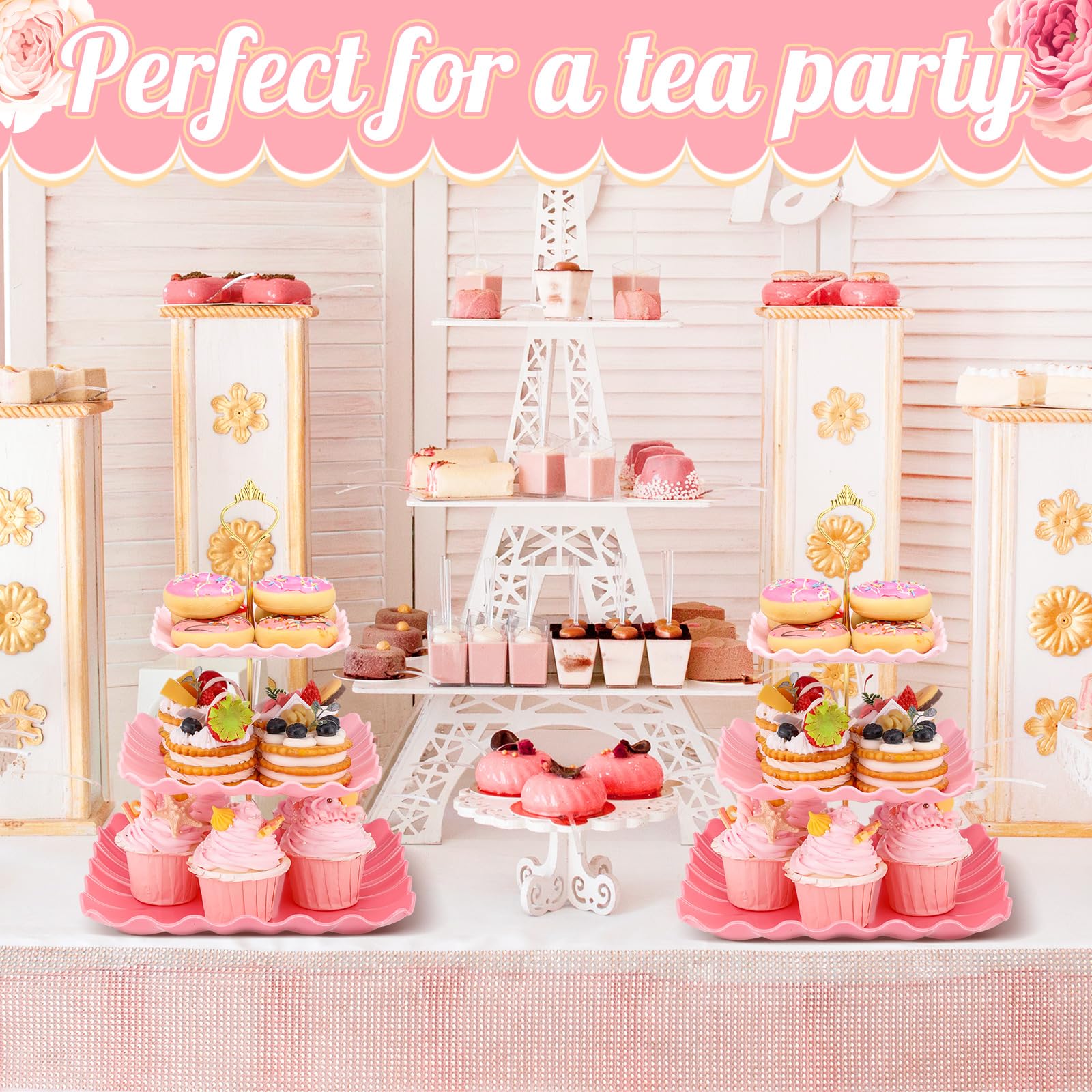 Dessert 2 Pack 3 Tier Cupcake Stand Pink Plates Plastic Square Tiered Serving Stand Display Tower