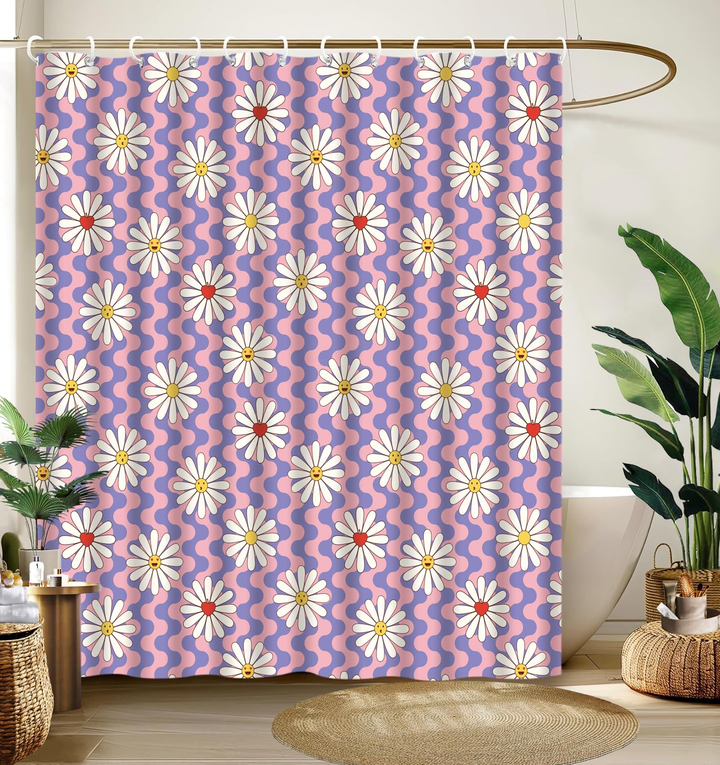 Cute Shower Curtain for Bathroom Modern Aesthetic Funky Decorative, Pretty Chic Cloth Set with Hooks, 72x72 Inch