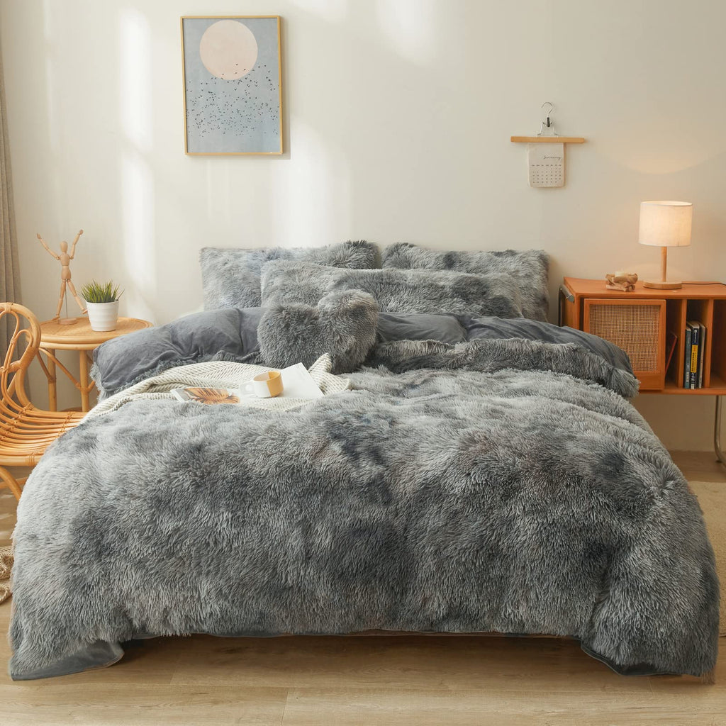 Fluffy Faux Fur Comforter Cover Set Queen - Ultra Soft Plush Bedding Sets 3 Pieces (1 Fluffy Duvet Cover + 2 Faux Fur Pillow case) Cute Bed Set