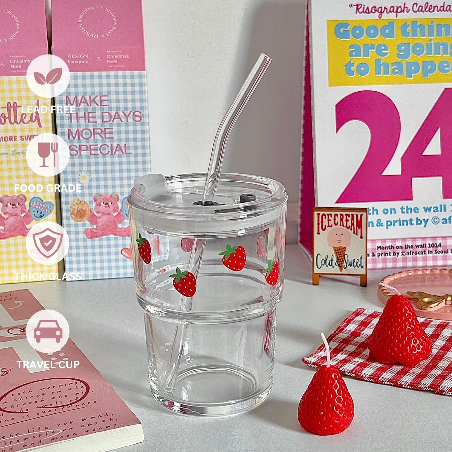 Glass Tumbler with Straw and Lid, Reusable Iced Coffee Cup Tumbler, Cute Glass Cups 13oz