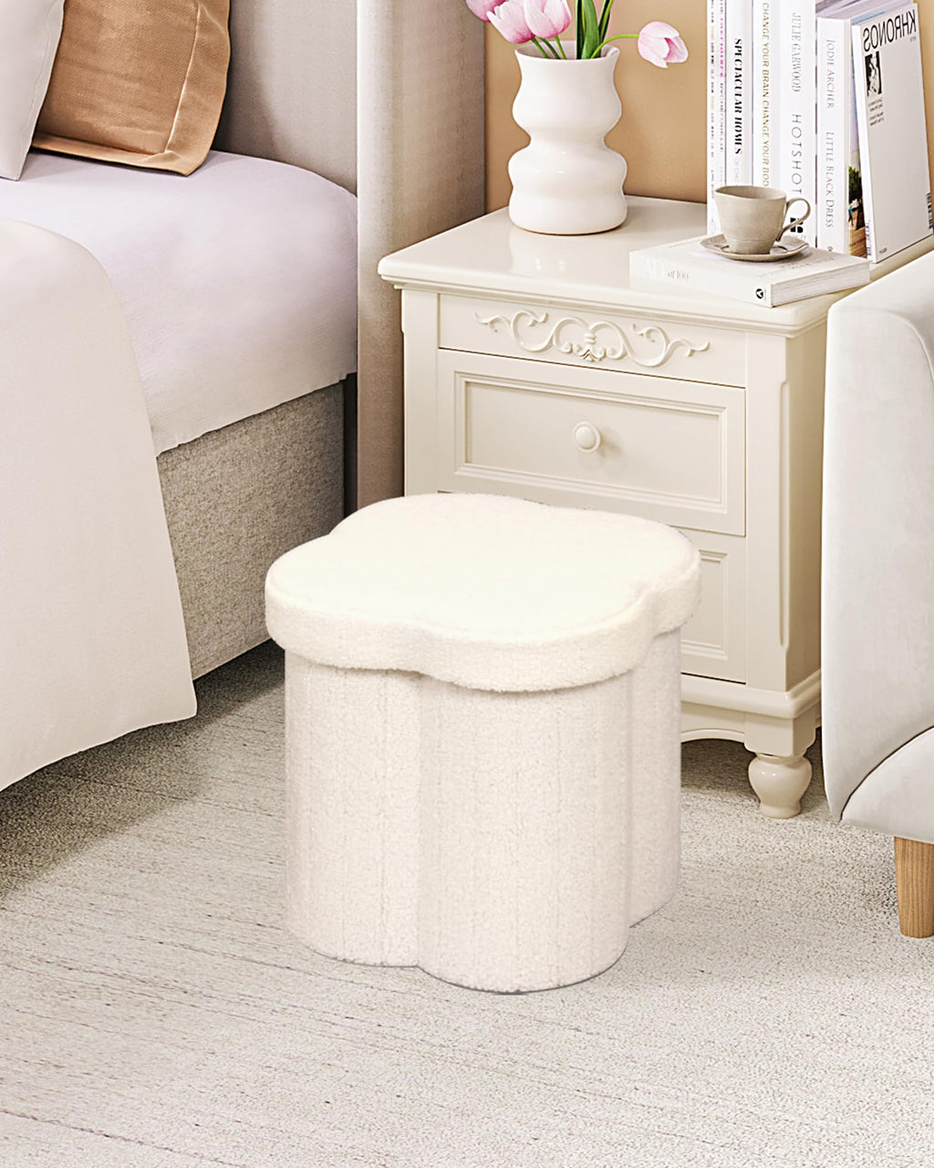 Flower-Shaped Storage Ottoman â€?Boucle Footstool & Seat for Living Room & Dorm