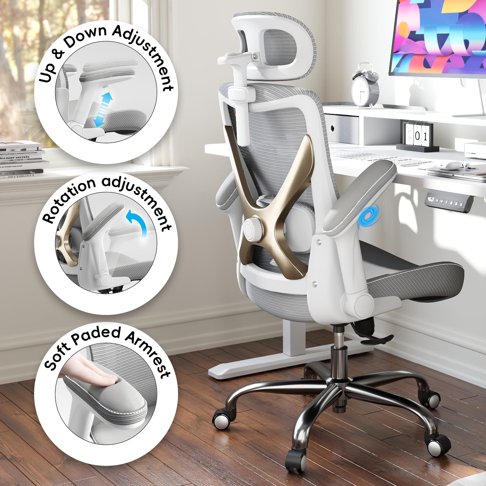 Ergonomic Desk Chair-Computer X-Shaped Chair Mesh PU Leather with Adjustable Lumbar Support-Executive Chair High Back with Headrest Flip-Up Arms for Long Hours