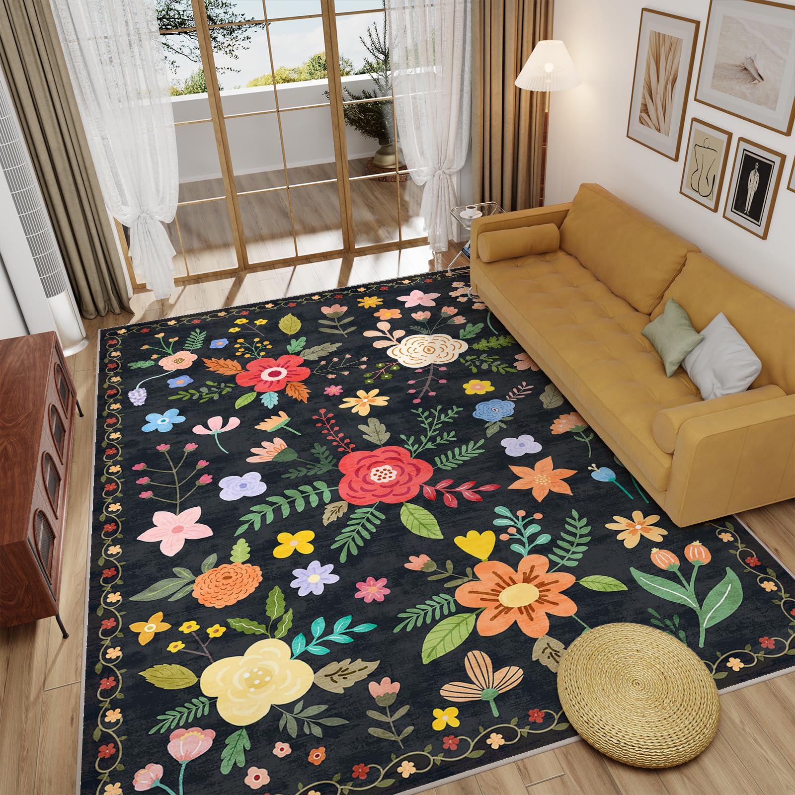 Washable Floral Rugs with Non Slip Backing, Stain Resistant, Floral Soft Low-Pile