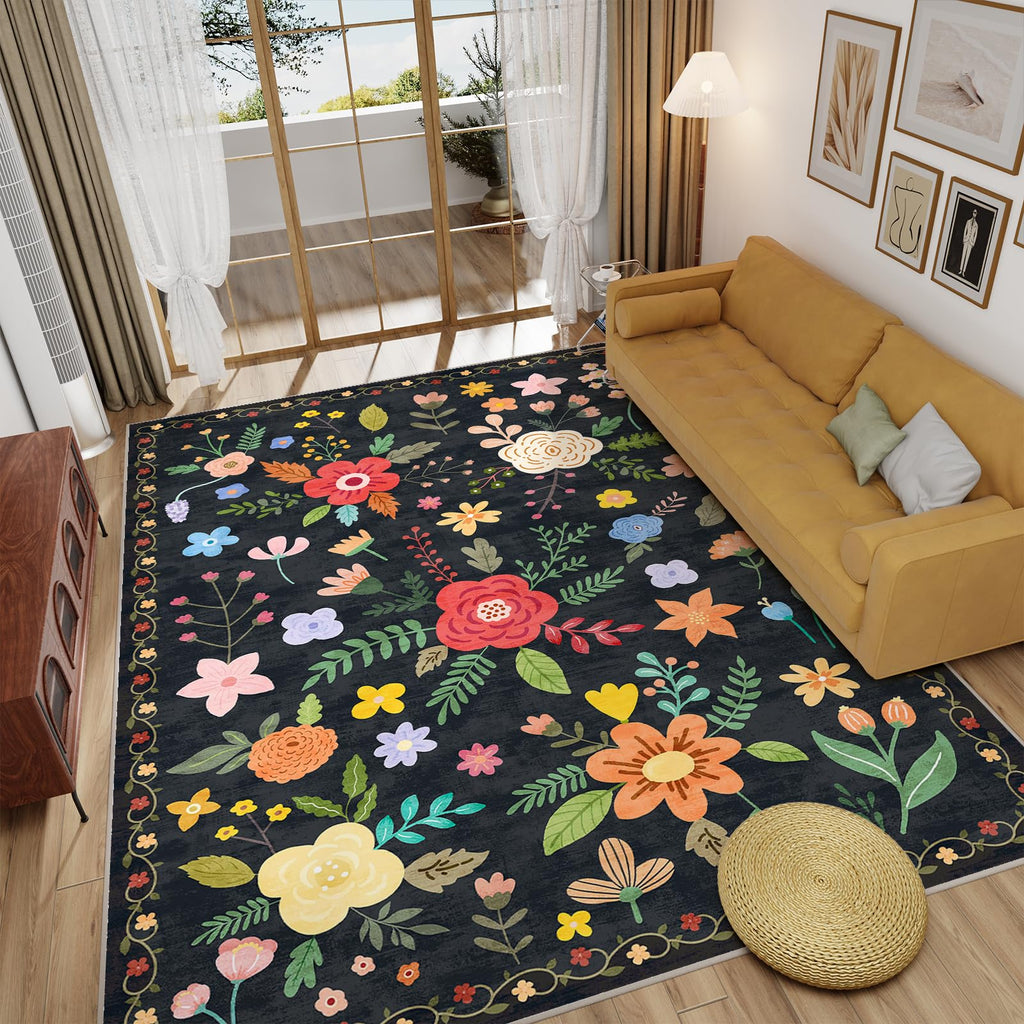Washable Floral Rugs with Non Slip Backing, Stain Resistant, Floral Soft Low-Pile
