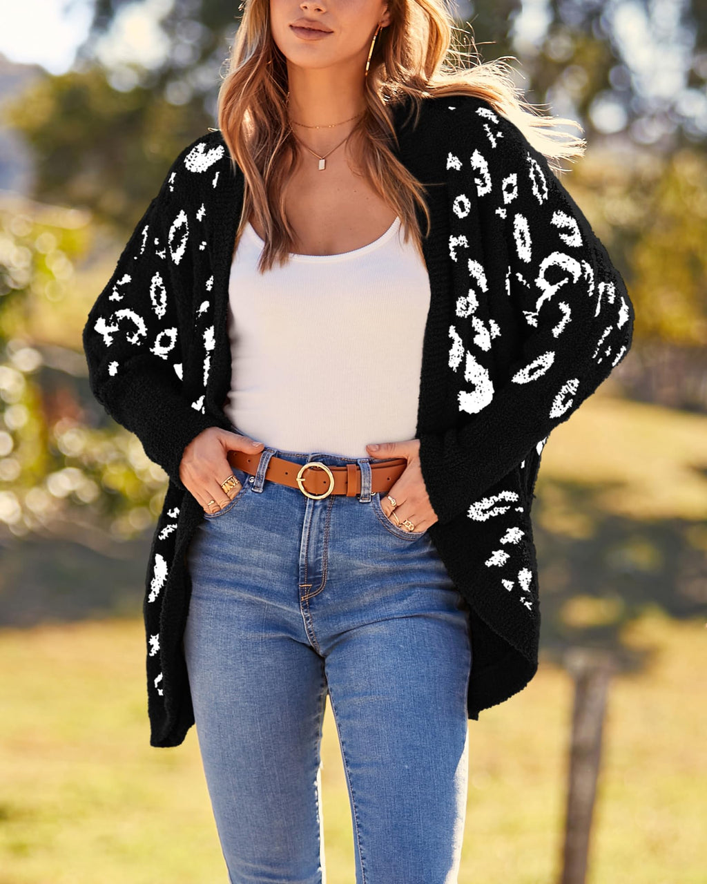 Women Fashion Leopard Print Long Sleeve Sweater Cardigan Loose Knit Open Front Fall Winter Outwear Coats