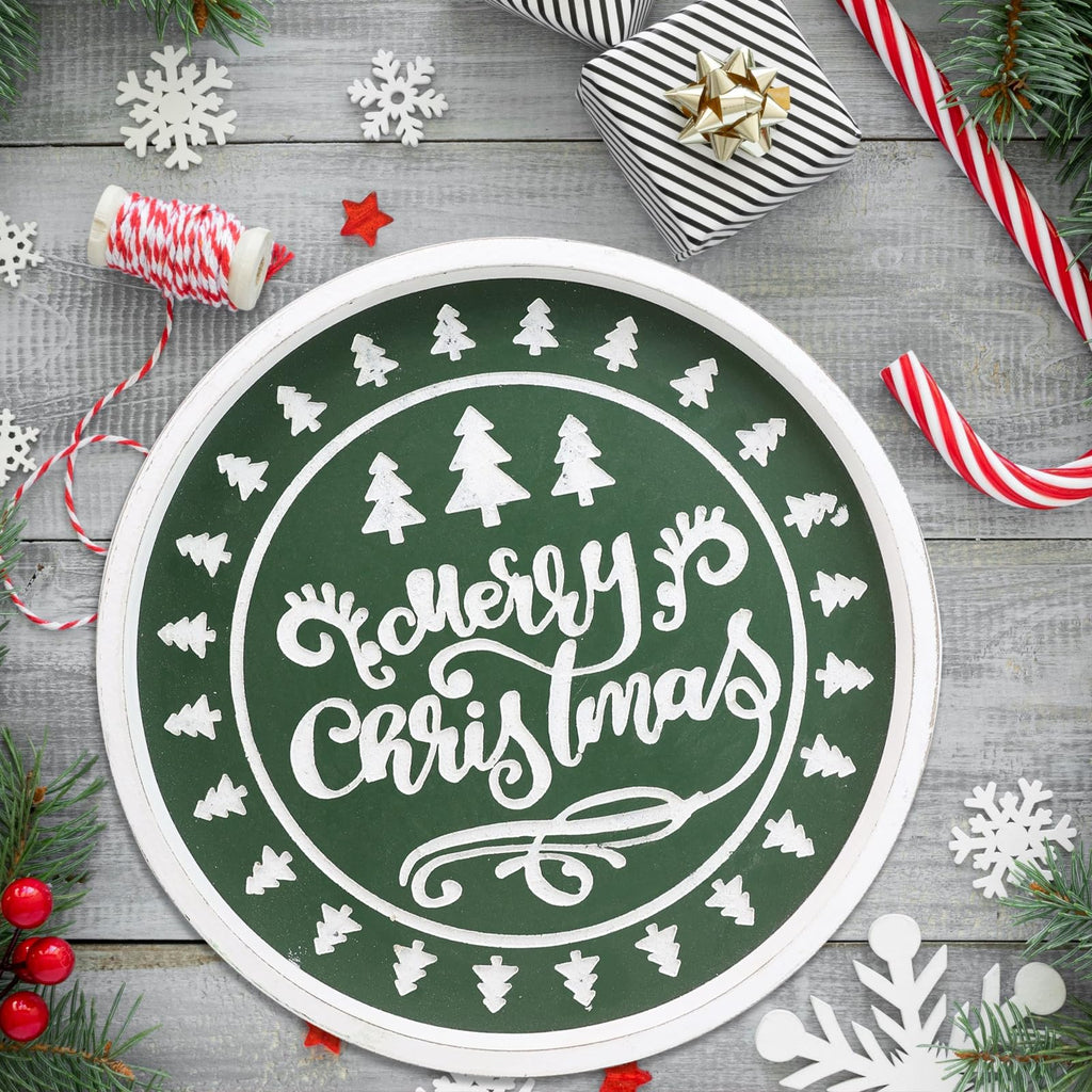 Round Wood Decorative Ottoman Tray for Coffee Table Kitchen Counter, Living Room, Handcrafted Wooden Serving Tray for Table Centerpiece