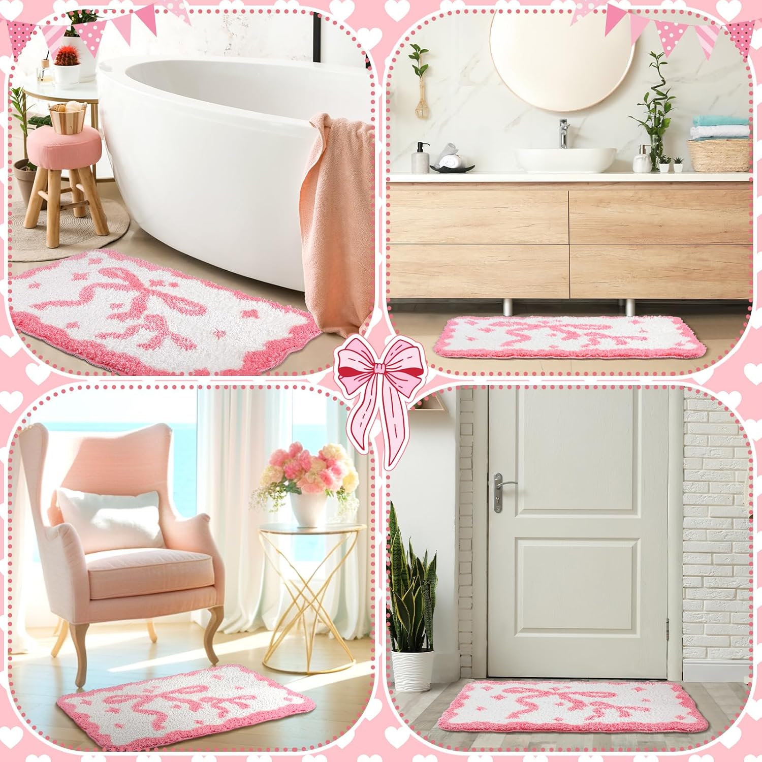 Scalloped Bow Bathroom Mat Pink Coquette Bath Mat Non Slip Absorbent Bow Bath Rugs Microfiber Washable Preppy Rugs Aesthetic Room Decor for Shower Bathtub Sink Bedroom Front Door