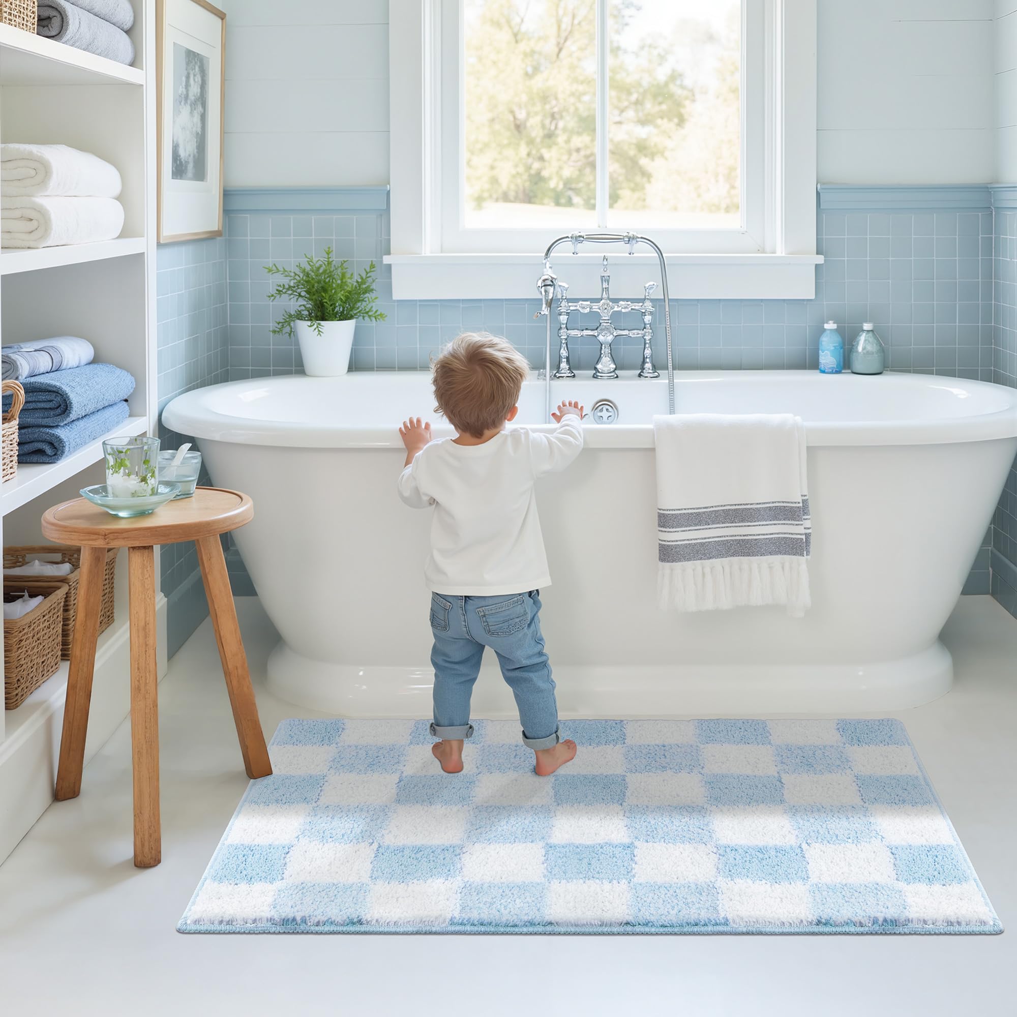 Checkered Bathroom Rugs, Fluffy Rug, Absorbent Microfiber Ultra Soft Bath Mat Washable, Non-Slip Bath Mats for Bathroom, Cute Floor Mat