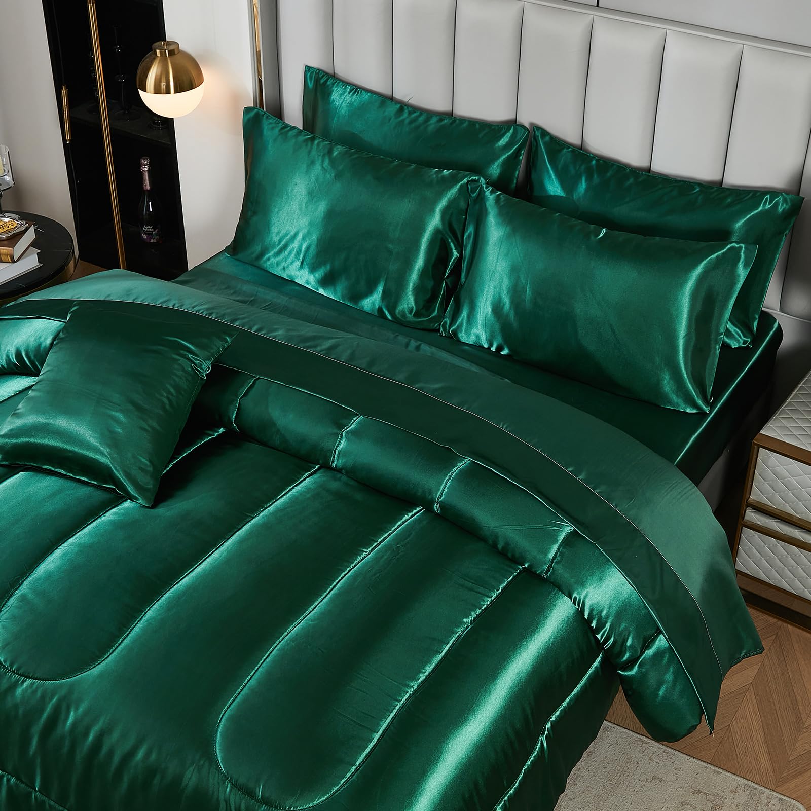 Satin Comforter Set with Sheet Set Full Silk Like Hot Pink Bed in a Bag Luxury Silky Bedding with 1 Comforter, 1 Flat Sheet, 1 Fitted Sheet, 4 Pillowcases, 1 Cushion Cover (Full, Hot Pink)