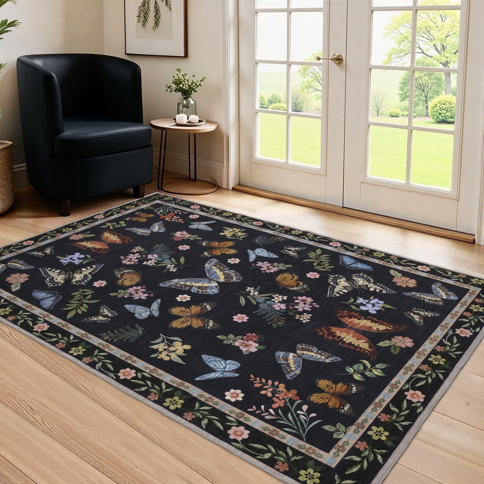 Insect Floral Area Rug, Machine Washable Area Rug Non-Slip Low Pile Large Bedroom Rug Stain Resistant Throw Rug Carpet