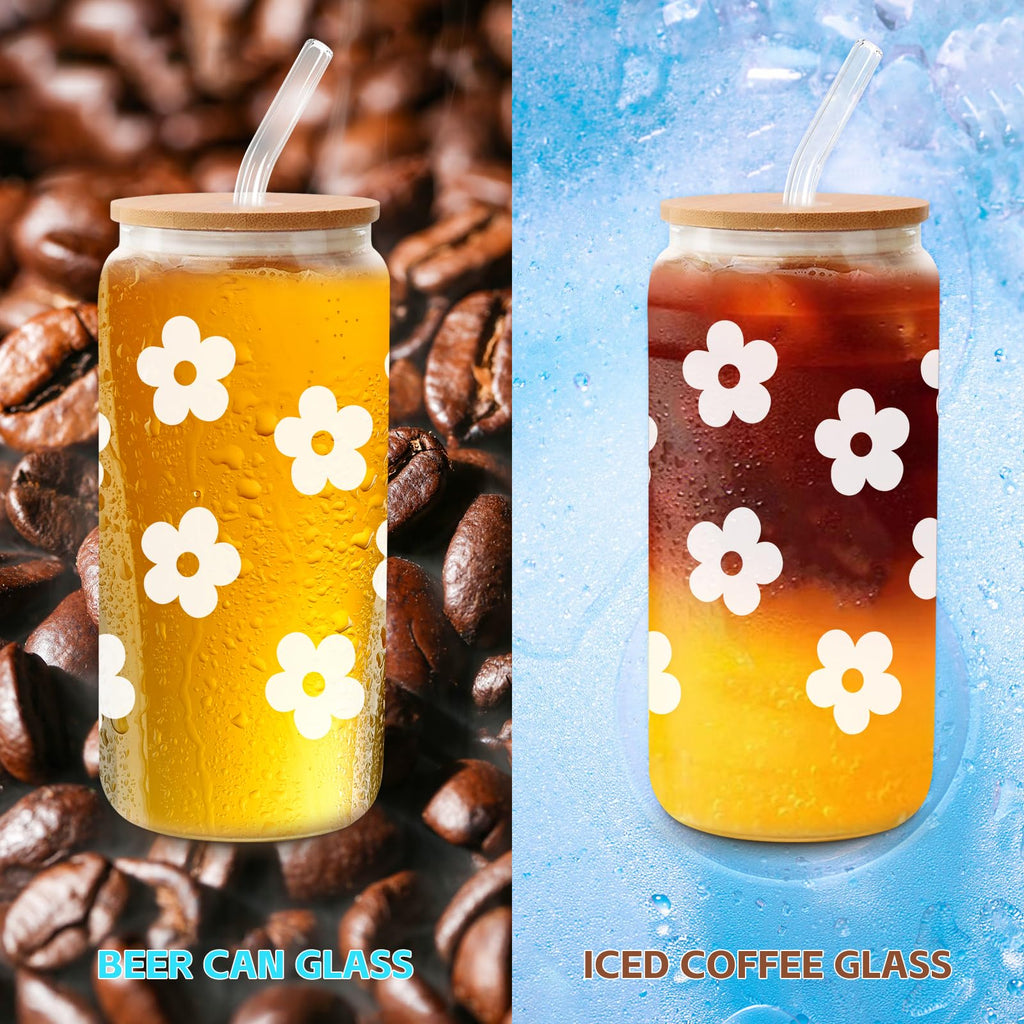 Daisy Glass Cup with Lid & Straw, Cute, 16oz