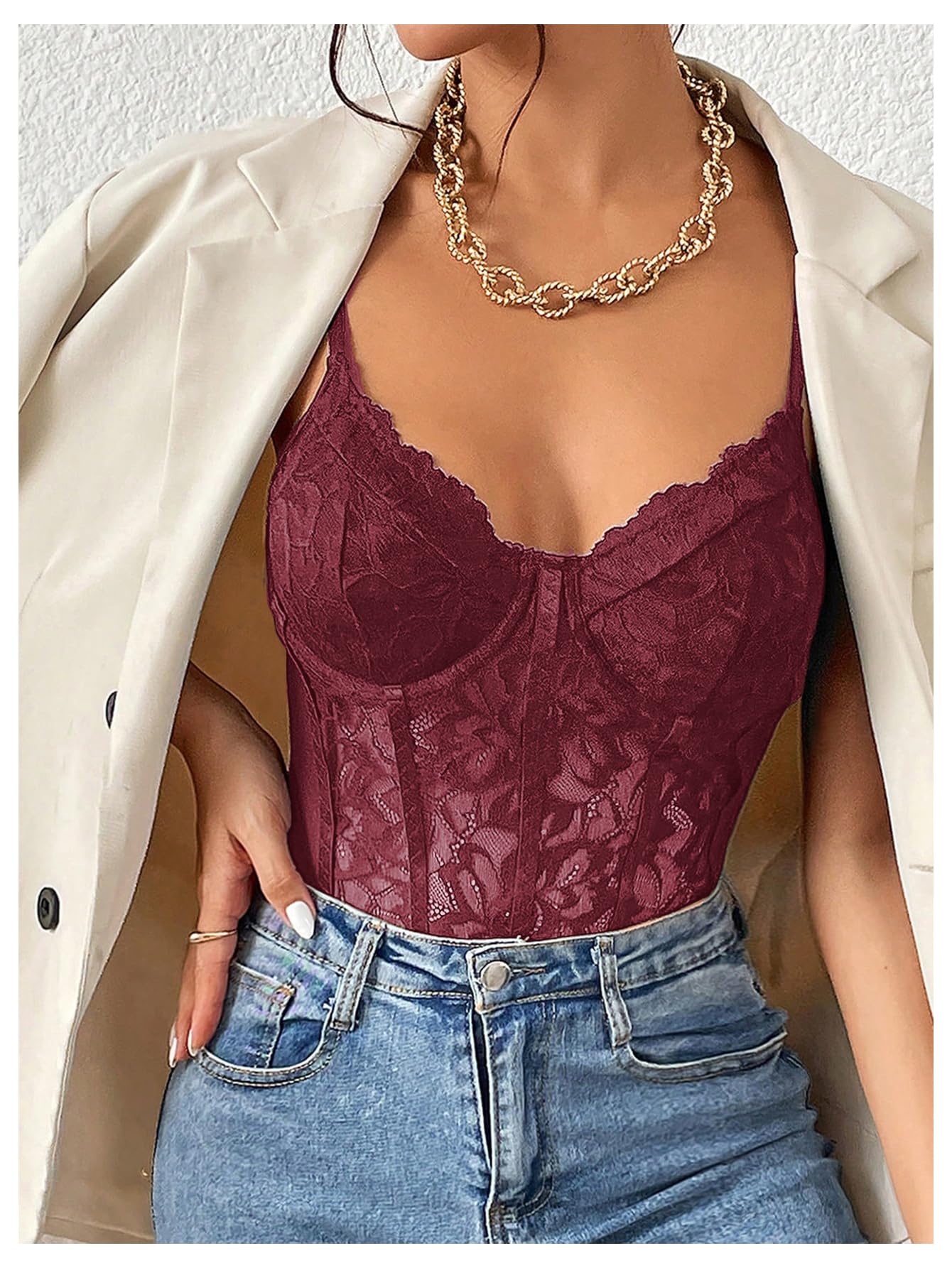 Sexy Floral Lace Sheer Mesh Corset Bodysuit Spaghetti Strap Cami Tops