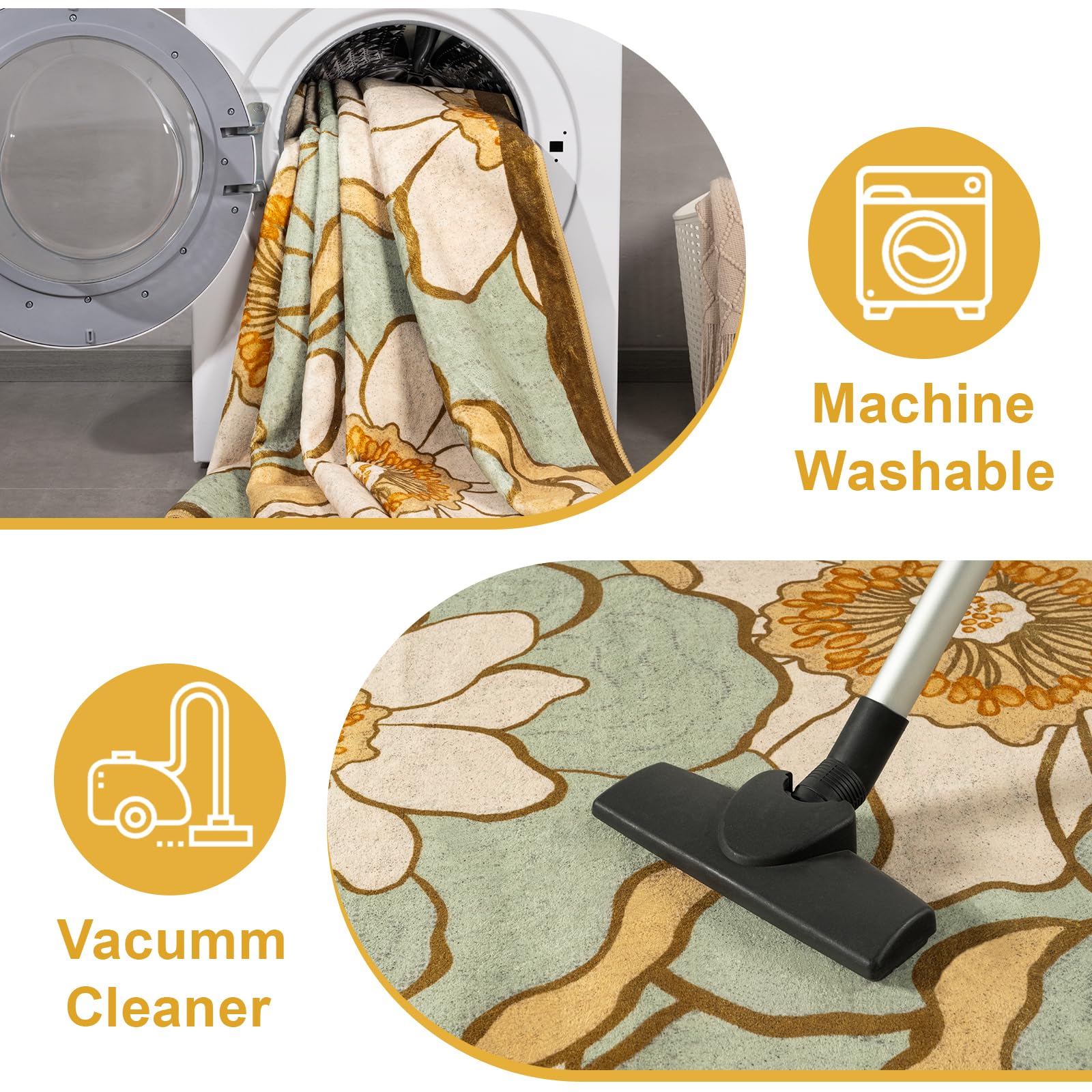 Faux Wool Boho Floral Area Rug Abstract Print Soft Carpet, TPR Non-Slip Backing, Machine Washable Low Pile Rug