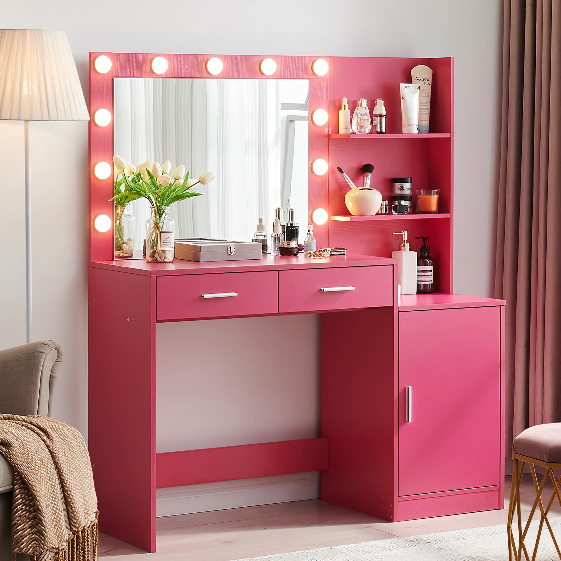Vanity Desk with Mirror and LED Light Strip,Dressing Table with Large Drawer, 3 Level Storage Dresser & 3 Lighting Modes Adjustable Brightness