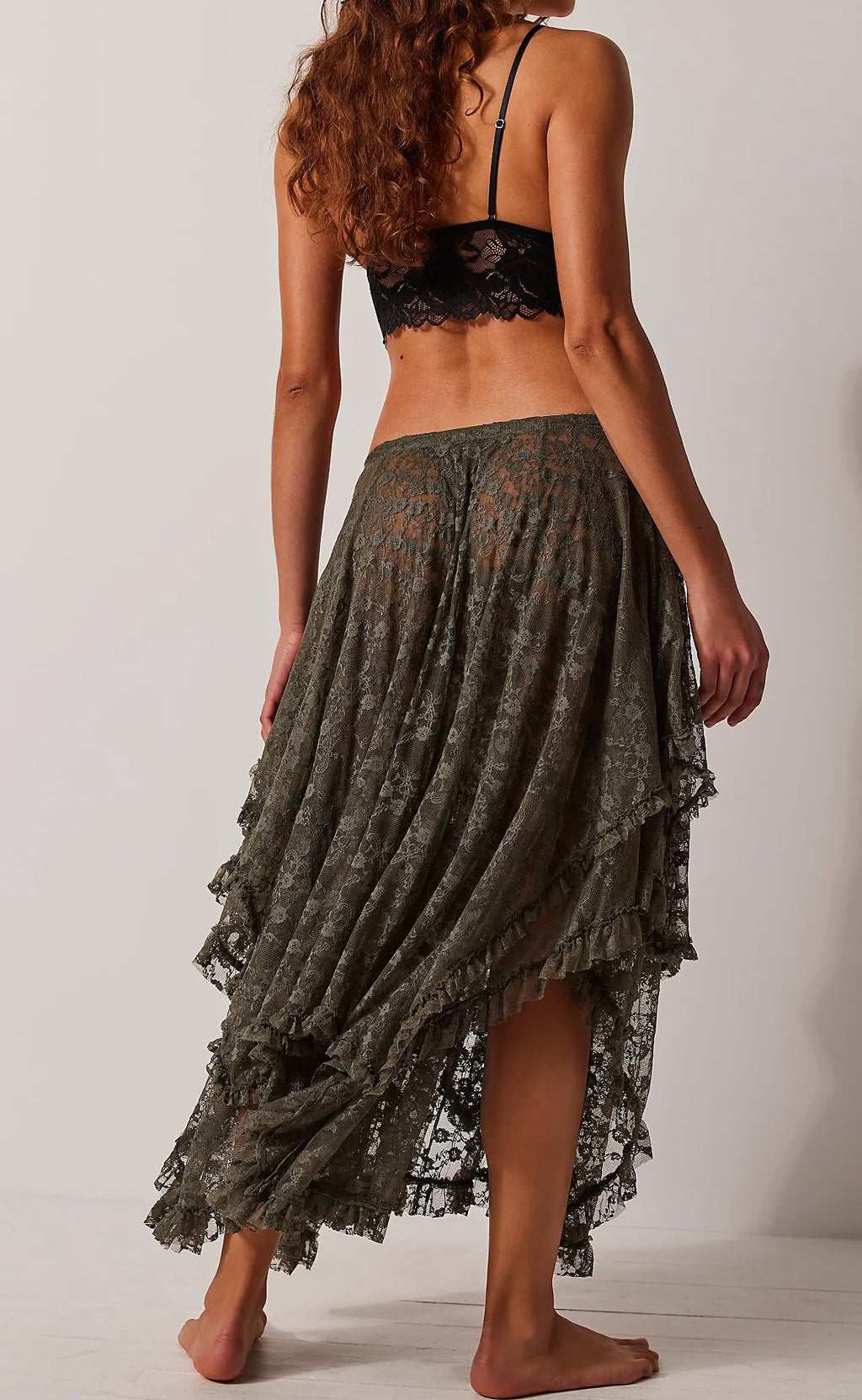 Women Lace Long Skirts Summer Elastic Asymmetrical Layered Hem Sexy See-Through Beach Floral Maxi Skirts