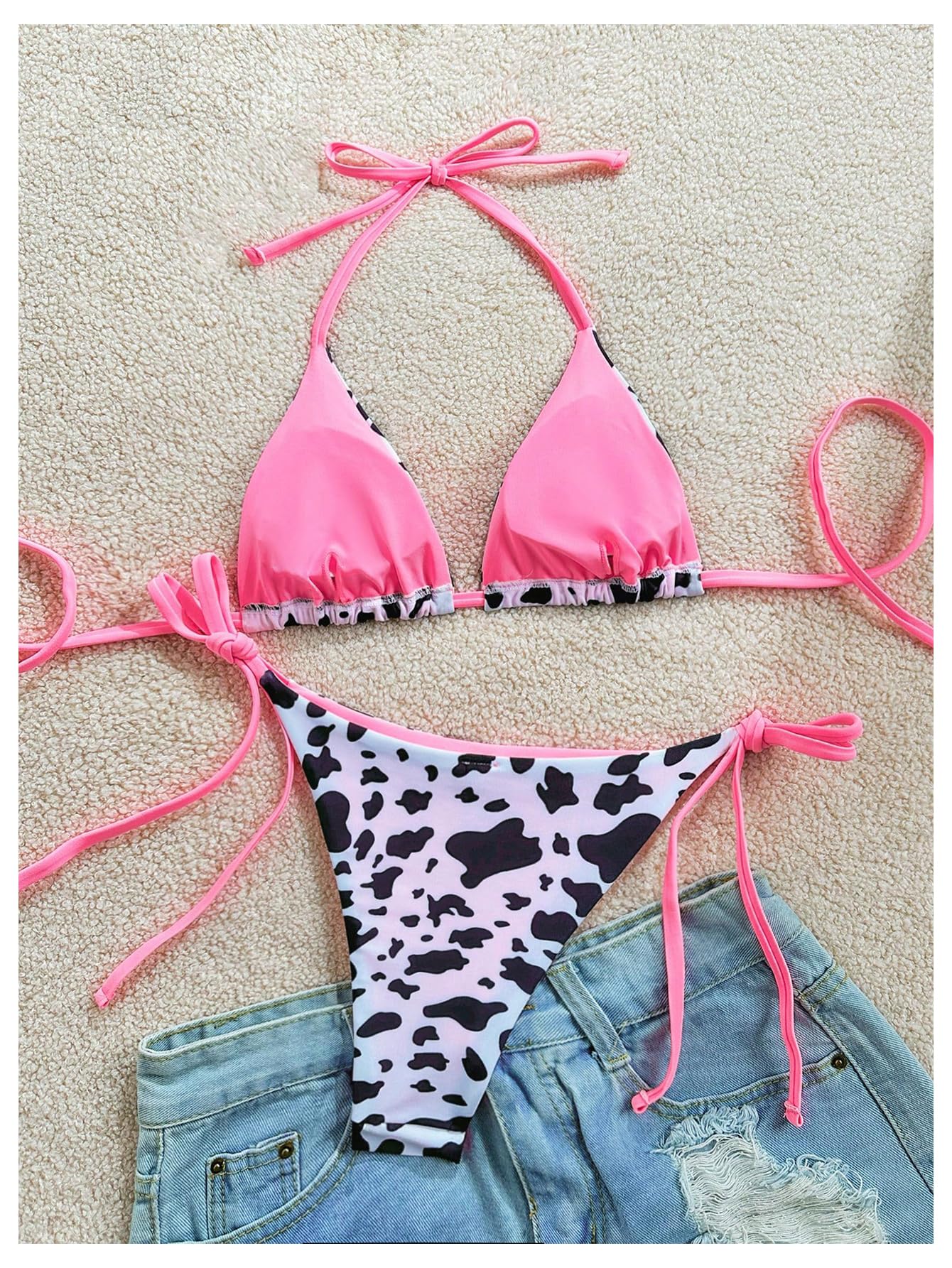 Women's 2 Piece Leopard Bikini Set Cheetah Thong Bikini Sexy String High Cut Bathing Suit Cheeky Triangle Swimsuit