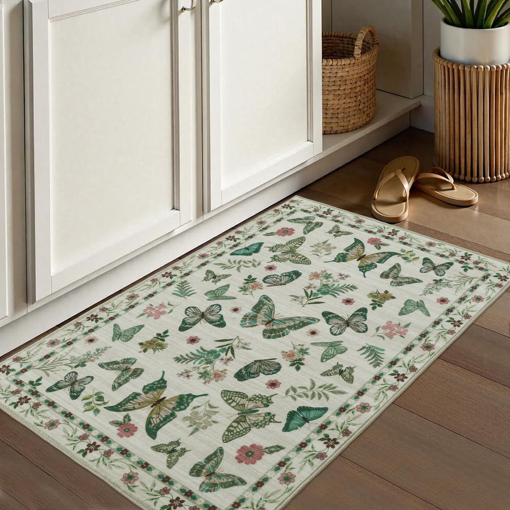 Insect Floral Area Rug, Machine Washable Area Rug Non-Slip Low Pile Large Bedroom Rug Stain Resistant Throw Rug Carpet