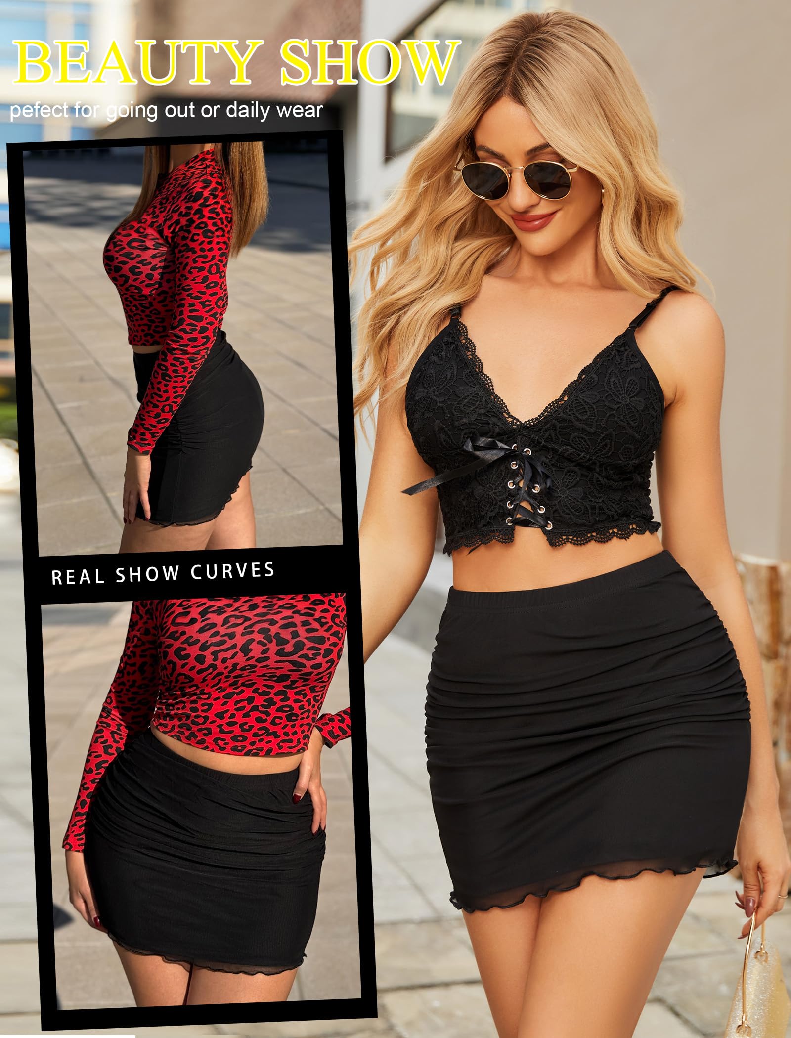 Women Sexy Skirt Ruched Bodycon Double Layer Club Skirt Lettuce Trim