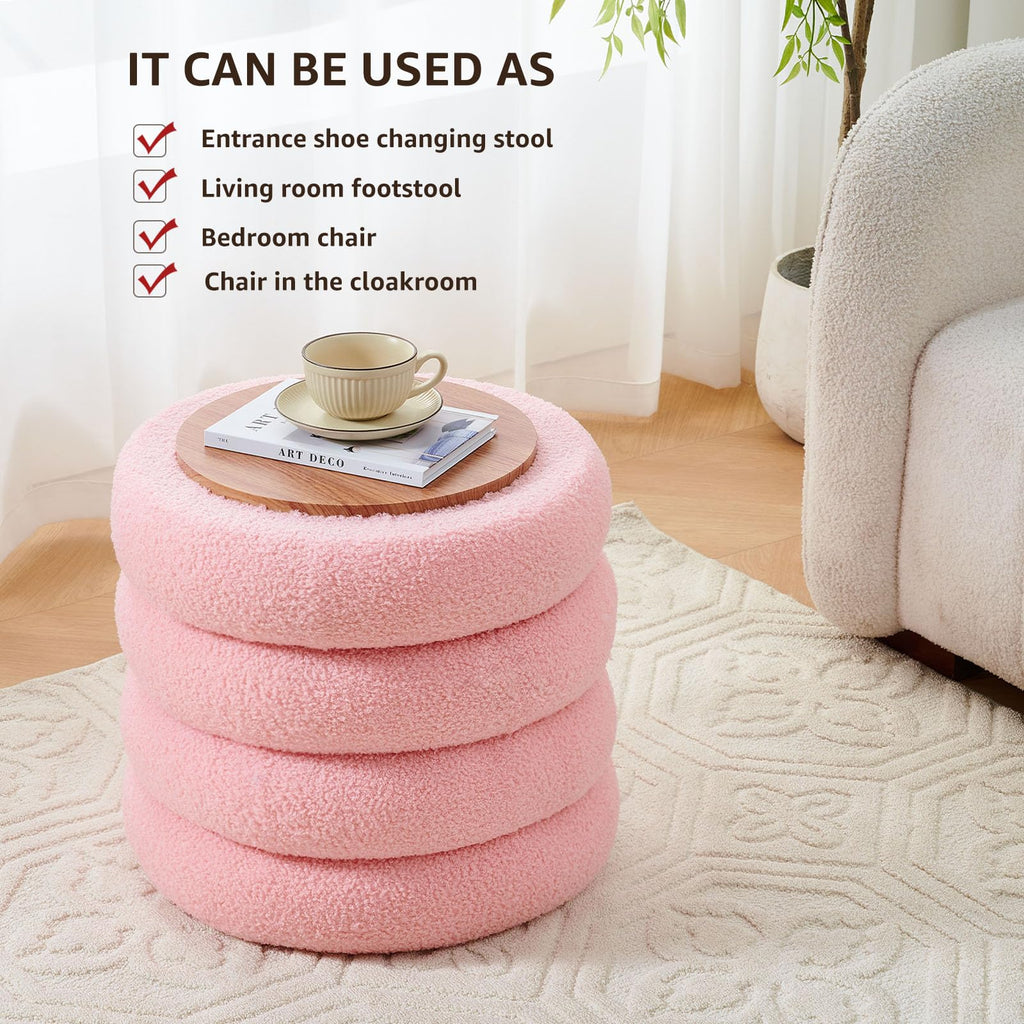 Round Storage Ottoman, Modern Sherpa Footstool with Flip-Top