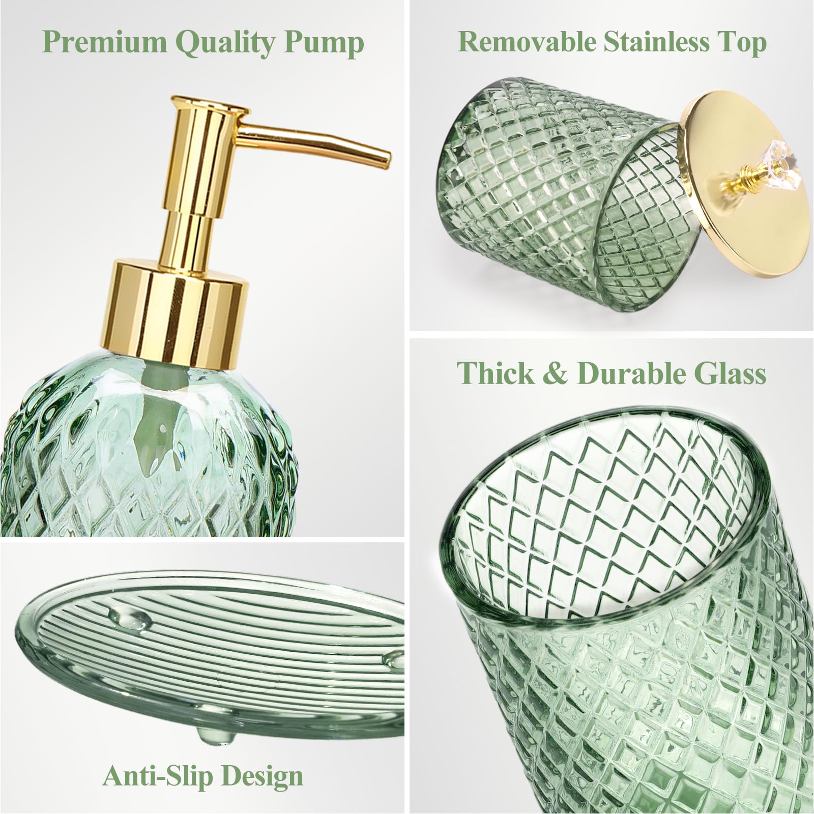 Glass Bathroom Accessories Set 4PCS Bathroom Accessories Set with Soap Dispenser Toothbrush Holder Qtip Holder & Vanity Tray