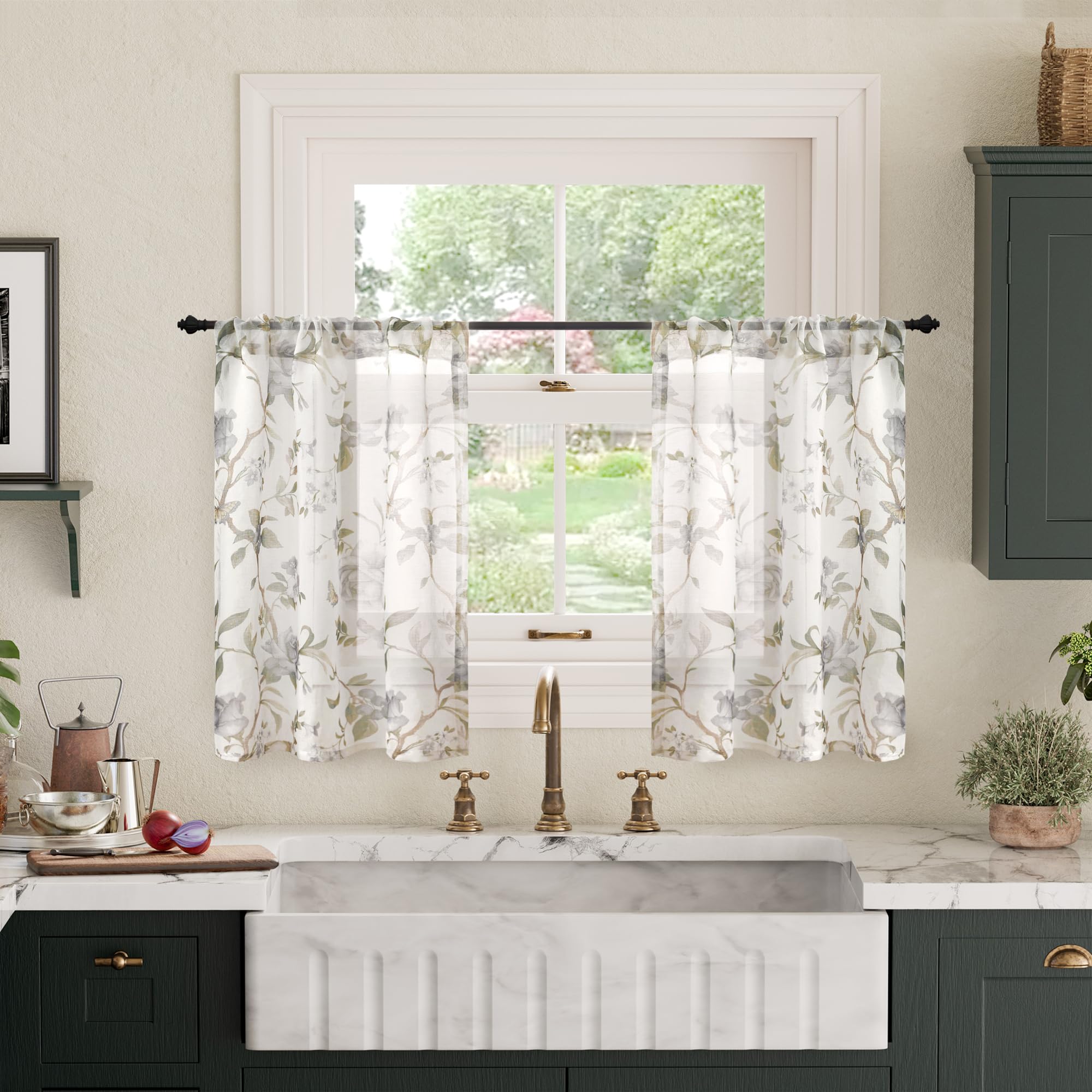 Floral Sheer Curtains, Vintage Light Filtering Semi-Sheer Linen Curtains