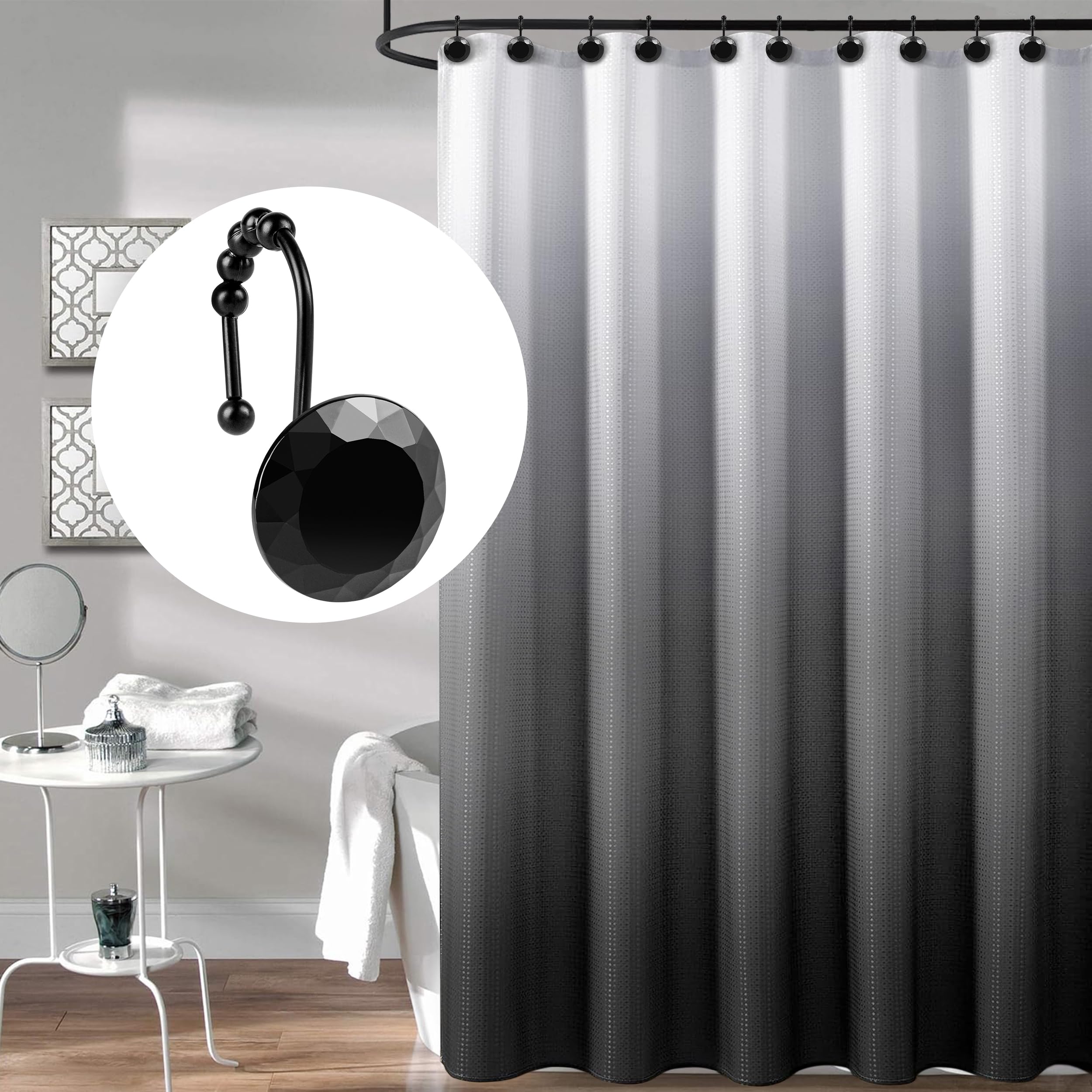 Luxury Design Round Diamond Crystal Gem Bling with Glide Balls Shower Curtain Hooks, Rust Proof Metal Rhinestones Glam Shower Curtain Rings-12 Pack