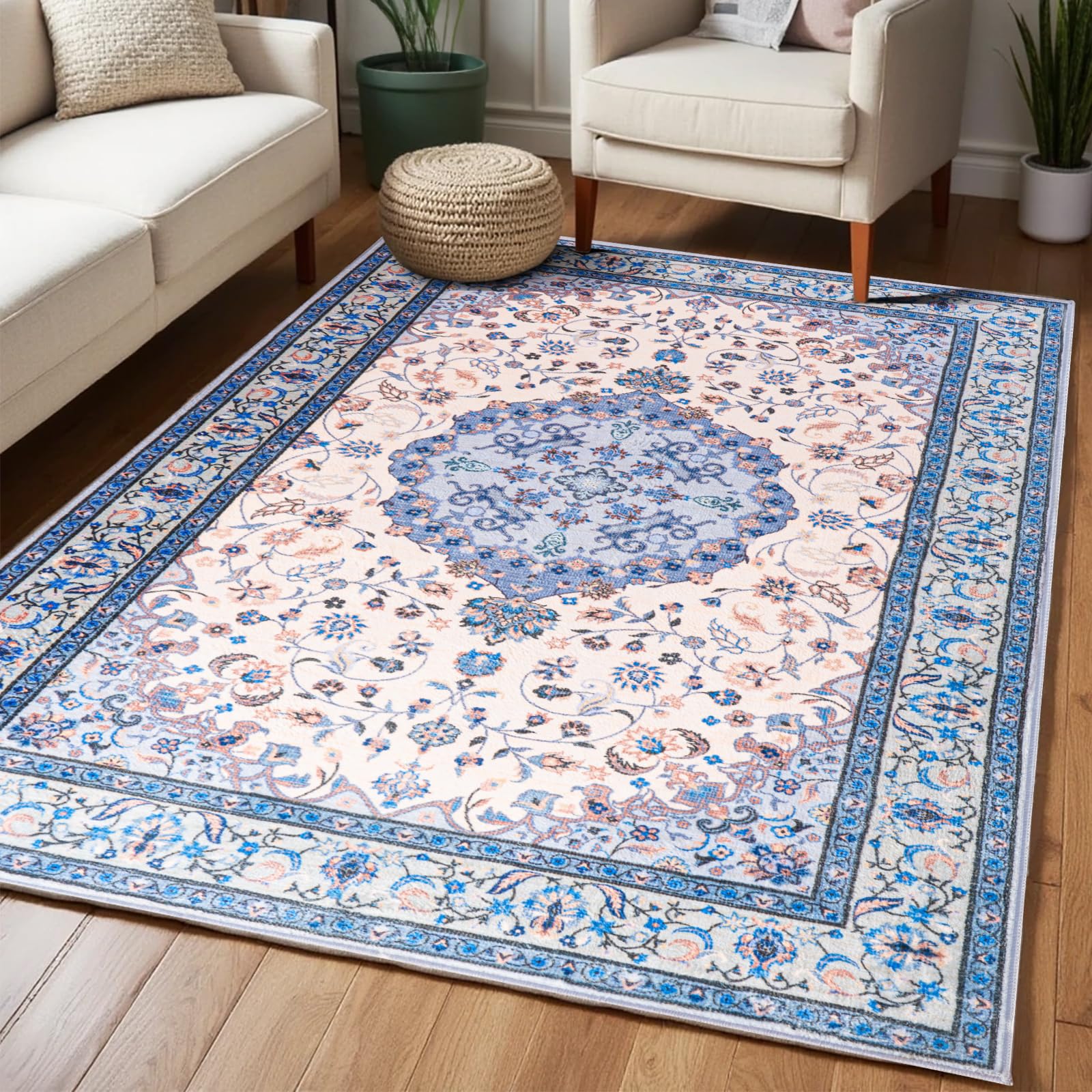 Washable Area Rugs Door Mat Entryway Vintage Floral Non-Slip Low Pile Entrance Thin Rug Carpet for Kitchen Bathroom Living Room Pink