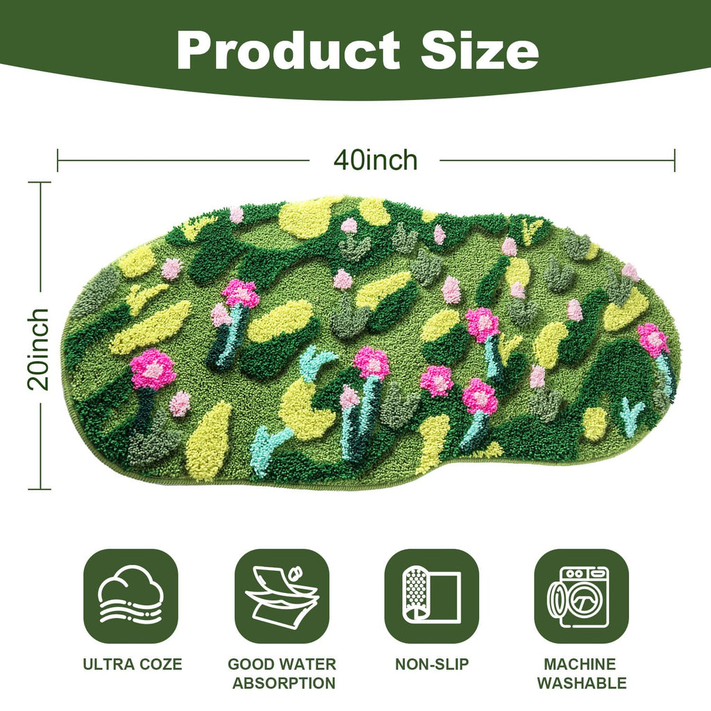 Green Moss Bathroom Rugs Bath Mat Non Slip, Ultra Soft Absorbent Aesthetic Decor Shaggy Tufted Flower Long Bath Rugs