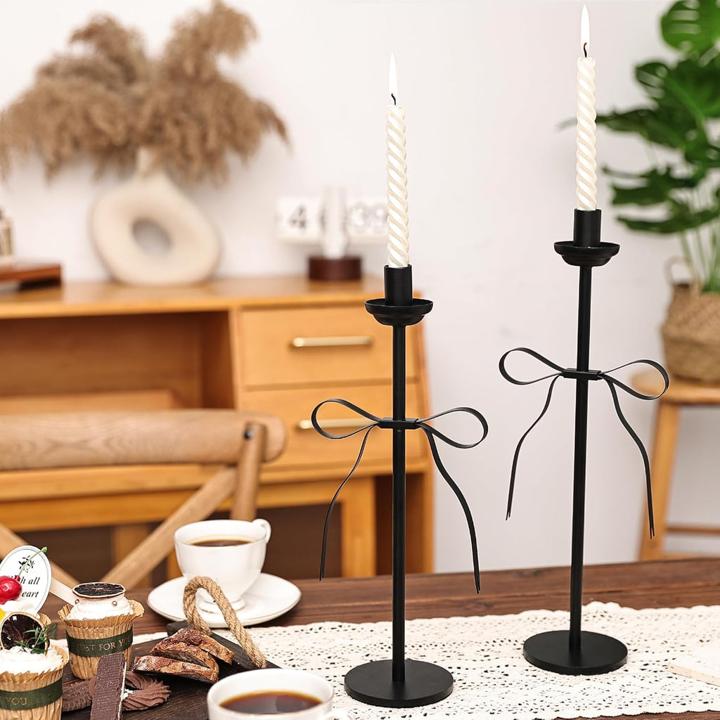 Elegant Black Taper Candlestick Holders, Set of 2 Bow Candle Stick Holders