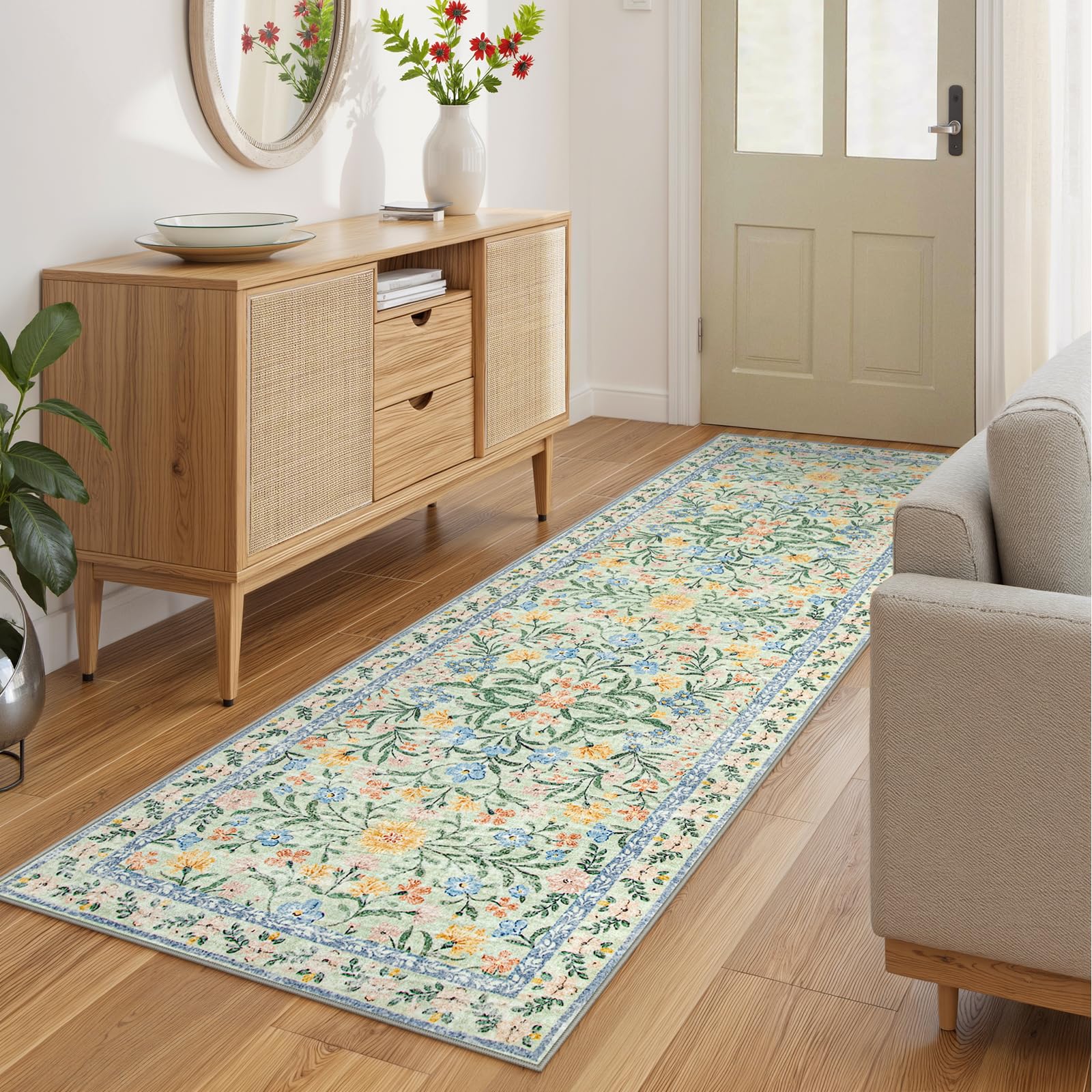 Machine Washable Boho Soft Floral Carpet Non Slip, Indoor Ultra-Thin Floor Carpet for Kid Room Living Room Dorm