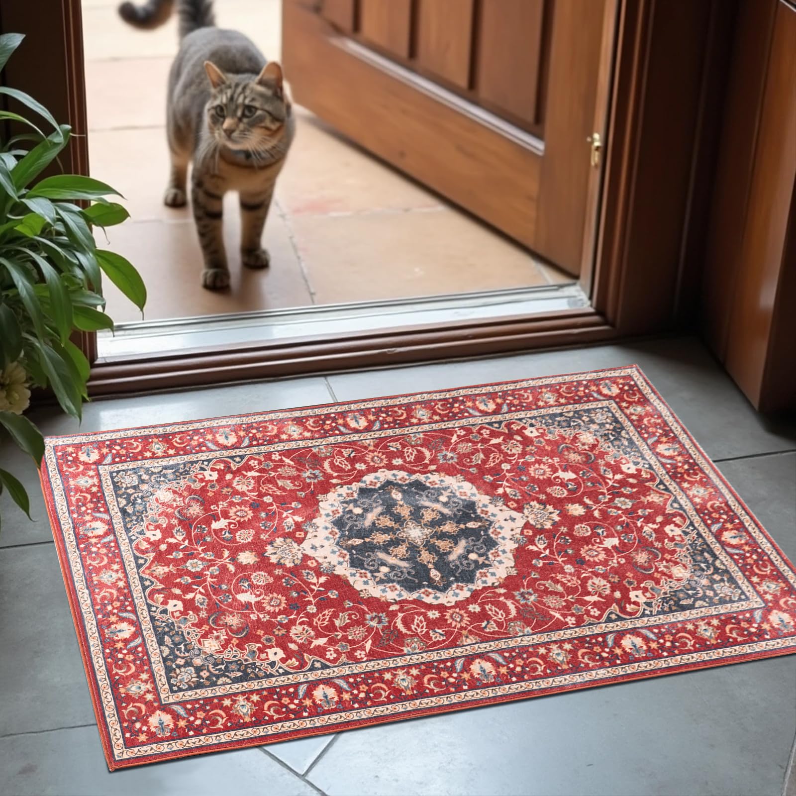 Washable Area Rugs Door Mat Entryway Vintage Floral Non-Slip Low Pile Entrance Thin Rug Carpet for Kitchen Bathroom Living Room Pink